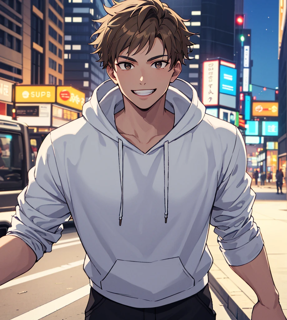 ((best quality)), ((masterpiece)), (detailed), perfect face 1man with a white hoodie, black pants, good physique, with a light skin color, with super light brown eyes, smiling, sharp jaw line, medium wavy dark blonde haircut, big city back round