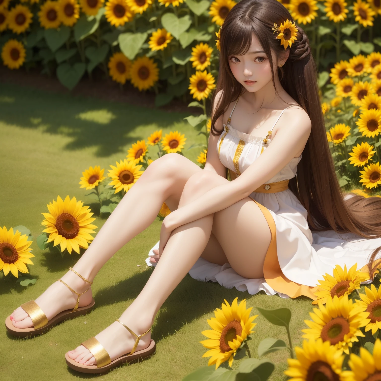 masterspiece,Cute and beautiful girl,only,,long hair with soft curls of apricot color,Japan hair ornament,avant-garde string camisole dress,braided flat sandals,The background is a colony of sunflowers,Sunlight sparkling,emphasize pretty feet,golden light brown hair,sexy toes,gorgeous feet,