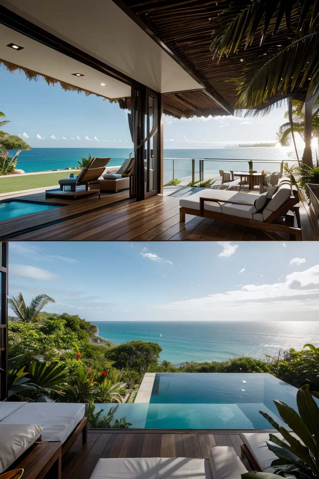 Tropicql luxus villa next to the ocean and the jungle, as a modern but maximalistic building style 