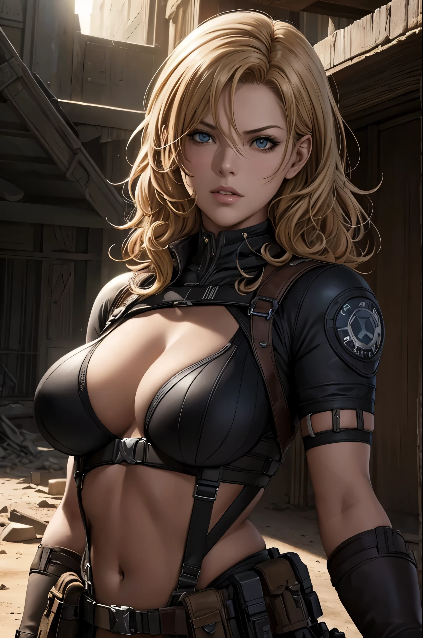 super fine illustration, ultra high resolution, masterpiece, highest quality, perfect dark skin, perfect lighting, detailed lighting, dramatic shadow, ray tracing, 1 beautiful white milf, looking at the viewer, small breasts, exposed cleavage, beautiful detailed hazel eyes, sharp face, clear eyes, long bang, ((medium curly blond hair:1.2)), ((post-apocalyptic fiction)), ((desert:1.2)), Upper body, battle suit, military harness, Alice Abernathy - Resident Evil Series, Milla Jovovich,