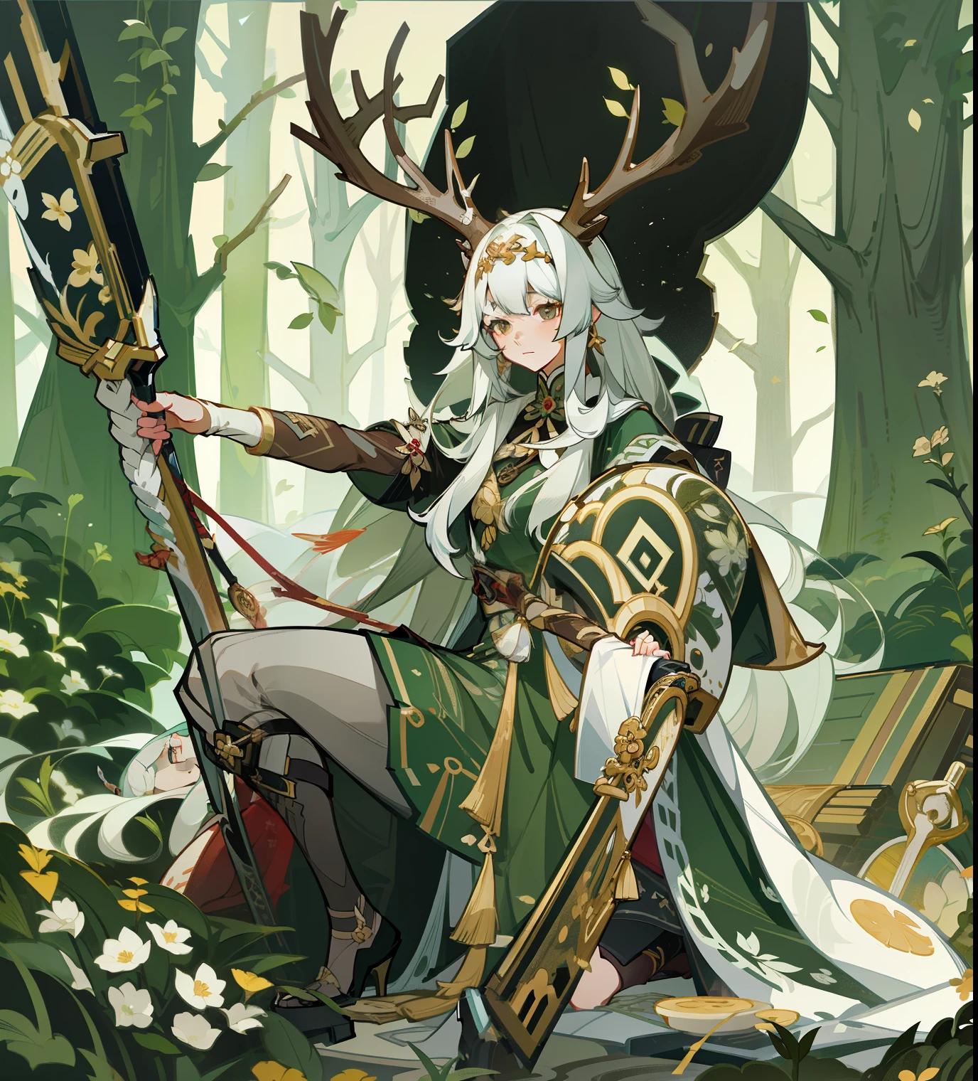 Harakami Impact Style ((very good quality)), Daughter of the Forest, white dress, octave rendering style, long white hair with antlers on her head, kneeling on one knee, holding a whisk in her left hand and a frontal shield in her right hand, facing the camera, styled by the illustrator using dark white and light gold, Earl Grey Nolan, dark green and light beige colors, botanical precision, curved mirrors and transparent layers. Masterpiece, Super Detail, (Best Quality, High Resolution), Ultra High Resolution
