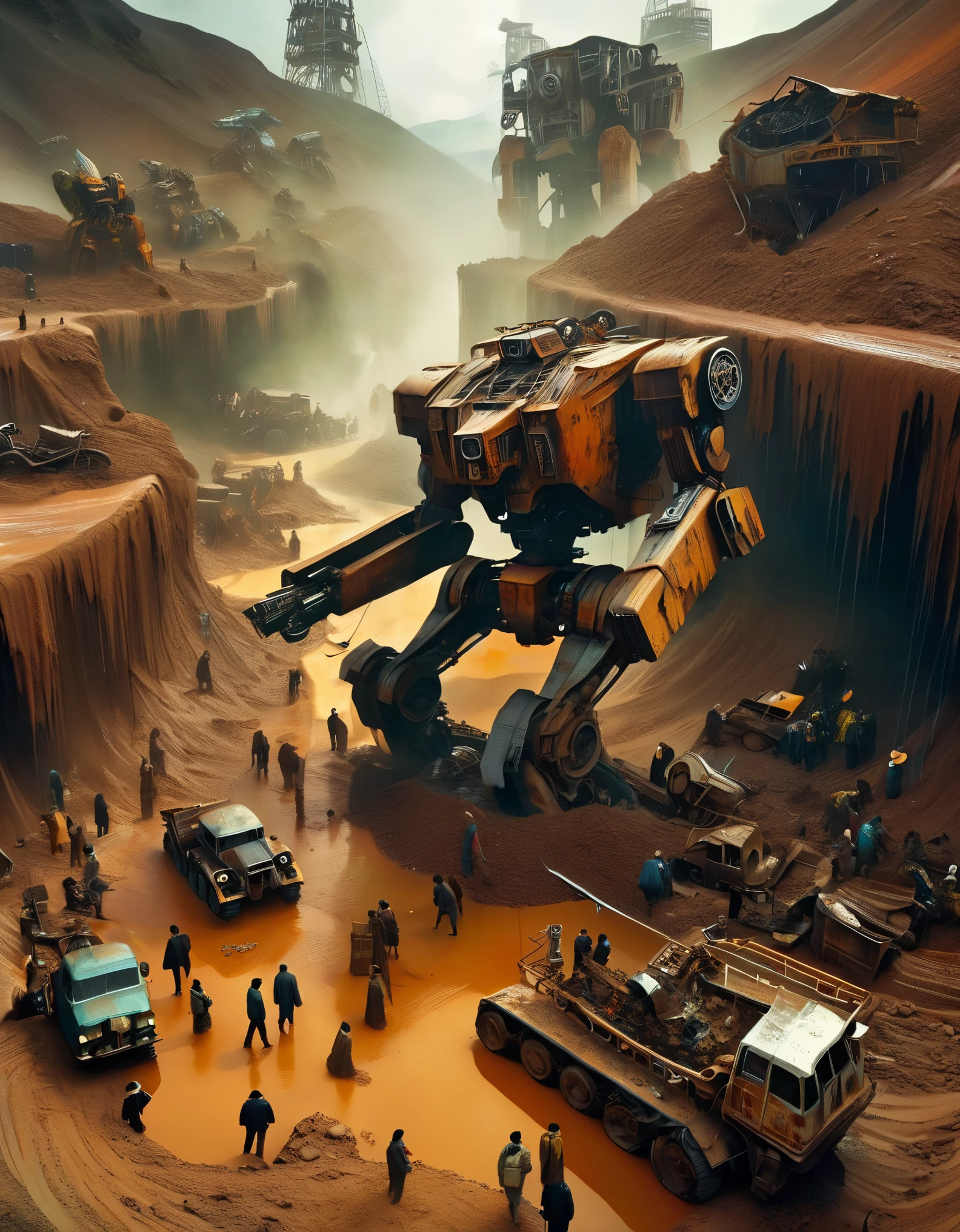 bird's eye view,The huge scrap mecha is being pulled out of a huge pit,The mecha is covered in rust and running mud.,Broken body,muddy gravel,many people digging,Horrified spectators look into the pit,archaeological pit,on site,3D rendering of A huge old mecha is being dragged out of a huge super-deep pit by many people, covered in rust and mud, broken bodies, sand and gravel, archaeological pits, the site,,Dripping Paint,Matte Painting,Science Fiction,Fever-Dream,Impossible,Postcyberpunk,Ice Age, The picture is from Peter Jackson's work, The picture is from Wong Kar-wai's work, The picture is from Emmanuel Lubezki's work,by Bruno Barbey,by Anne Brigman,by Edward S. Curtis,Intense Atmosphere, high detail,hyper quality,high resolution,surrealism,HD,16K,depth of field (dof),A bird's-eye view,aerial view,mood lighting,mechanical人头断肢,超级多的mechanical残缺的身体,Too many scrapped and too many damaged mechas,mechanical垃圾山,post-apocalyptic,dystopia,rusty metal,Broken parts,moss,ghostly atmosphere,destroyed city、 mechanical、inanimation、desolate、Gloomy lights、dramatic perspective、Decline、Futurism、Cyberpunk aesthetics、dark、Compared、shadow、Mystery、abandoned、、abandonedmechanical、Ghosts、silence、、desolate、