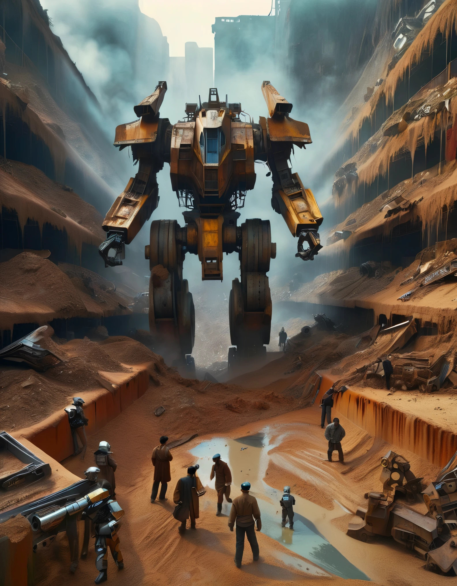 bird&#39;s eye view，The huge scrap mecha is being pulled out of a huge pit，The mecha is covered in rust and running mud.，Broken body，muddy gravel，many people digging，Horrified spectators look into the pit，archaeological pit，on site，3D rendering of A huge old mecha is being dragged out of a huge super-deep pit by many people, covered in rust and mud, broken bodies, sand and gravel, archaeological pits, the site,,Dripping Paint,Matte Painting,Science Fiction,Fever-Dream,Impossible,Postcyberpunk,Ice Age, The picture is from Peter Jackson's work, The picture is from Wong Kar-wai's work, The picture is from Emmanuel Lubezki's work,by Bruno Barbey,by Anne Brigman,by Edward S. Curtis,Intense Atmosphere, high detail,hyper quality,high resolution,surrealism,HD,16K,depth of field (dof),A bird's-eye view,aerial view,mood lighting,mechanical人头断肢，超级多的mechanical残缺的身体，Too many scrapped and too many damaged mechas，mechanical垃圾山，post-apocalyptic，dystopia，rusty metal，Broken parts，moss，ghostly atmosphere，destroyed city、 mechanical、inanimation、desolate、Gloomy lights、dramatic perspective、Decline、Futurism、Cyberpunk aesthetics、dark、Compared、shadow、Mystery、abandoned、、abandonedmechanical、Ghosts、silence、、desolate、