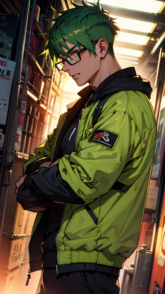 green hair, bespectacled, male, one person, orange tactical jacket, double teeth, sleep, sleepy, anime, UHD, 8k