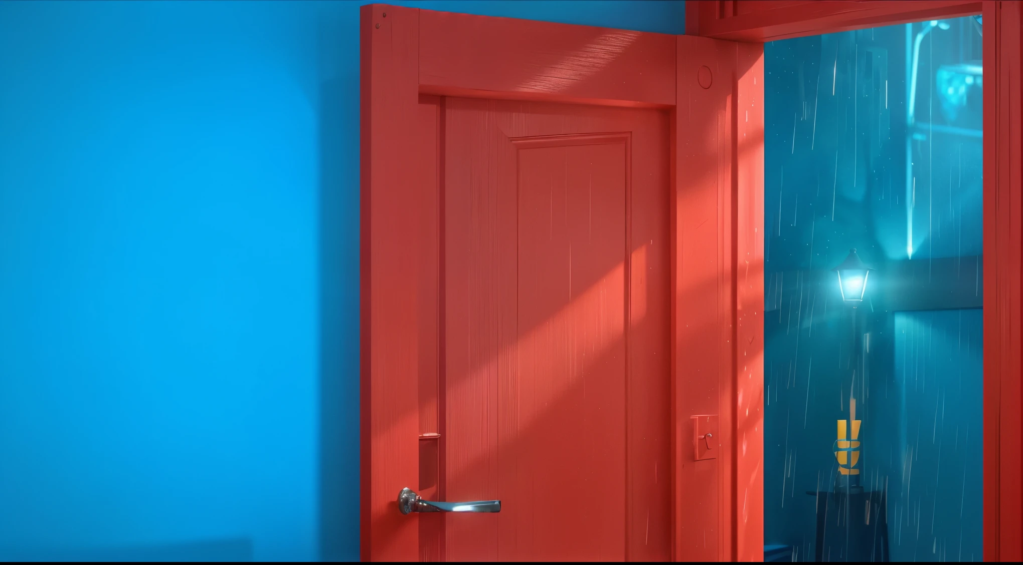 dramatic cool bright picture A blue wall with a red door leading to a rainy cloudy street. smoot, multiple light sources, rim light, sharp post effects render, perfect cgi, digital art, detailed digital art, reflective, best quality, 4k, masterpiece:1.2, ultra-detailed, realistic, vivid colors, dark and moody lighting, The image of the highest quality, ensuring every detail showcased perfectly. It in 4k resolution, allowing viewers to immerse themselves in the richness of the colors and intricate details. The realistic rendering. under the spotlight, reflecting, high-resolution image, realistic rendering, dark background, and rim light