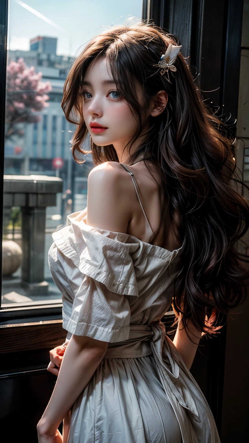（（best quality））， （（master piece））， （detailed：1.4）， Beautiful cyberpunk woman image，HDR（high dynamic range），ray tracing，NVIDIA RTX，super resolution，fantasy 5，Scattered beneath the surface，PBR texture，Post-processing，anisotropic filtering，Maximum depth of field resolution and crisp layered textures，Albedo and specular maps，surface coloring，Accurate simulation of material interactions，perfect balance，Rendering with Octane，two color light，Large Diameter，Low ISO，White balance，3 points of rules、8K raw data、beautiful bright blue eyes，off shoulder clothes，splendid pupils，delicate face and eyes，long eyelashes，blush，delicate and fluffy hair，pink lip，Pure，cute face，sweet girl，artistic sense，casual wear，advanced sense，butterfly，cherry blossom petals，beautiful hair accessories，long hair and waist，hair blowing in the wind，pure white fox ears，curly，pure white fluffy tail，positive light，The light from the back window is backlit., pastel colour