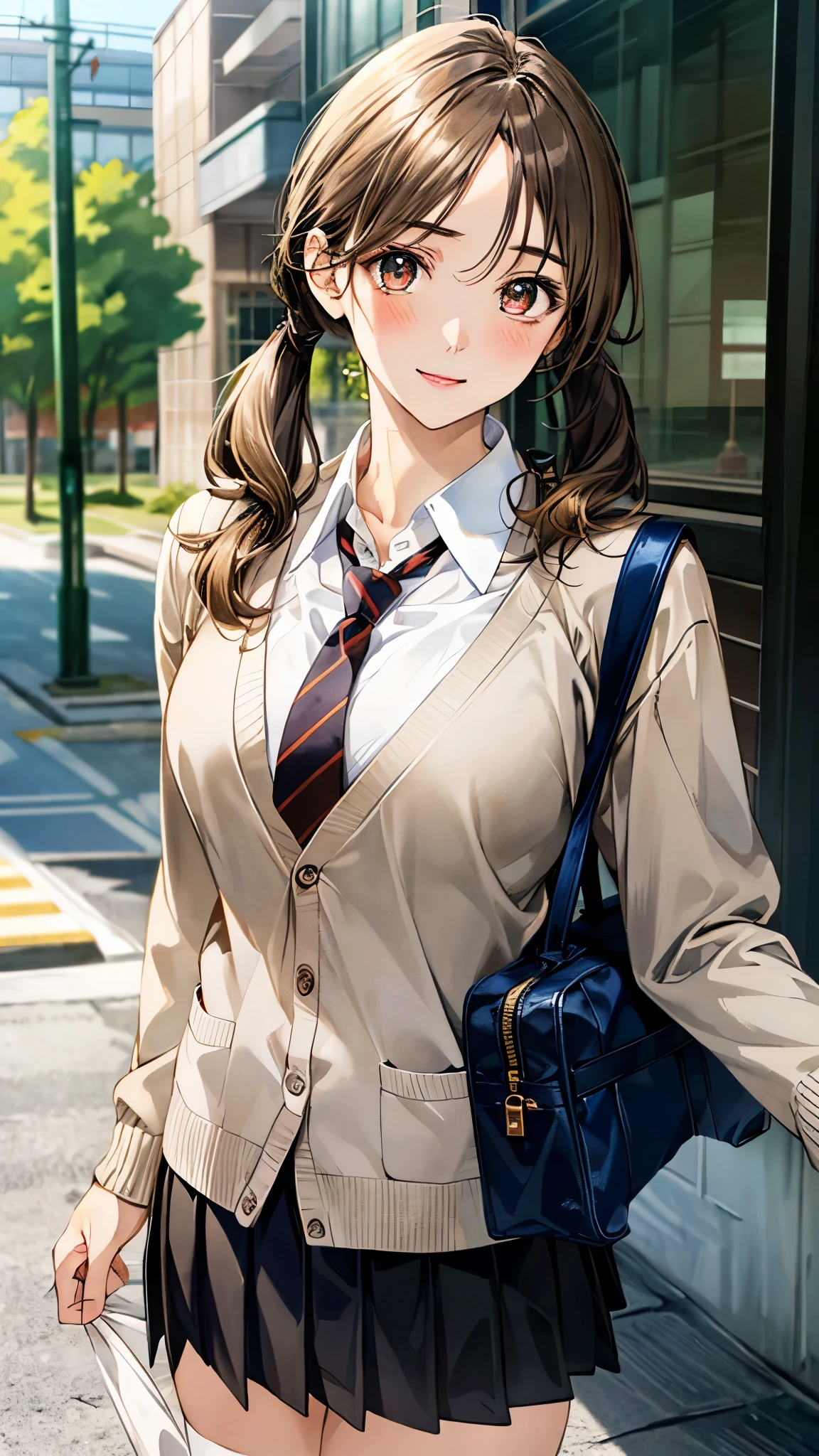 (masterpiece:1.2, top-quality, ultra high res, ultra detailed), (realistic, photorealistic:1.4), beautiful illustration, (natural side lighting, movie lighting),
looking at viewer, full body, 1 girl, japanese, high school girl, perfect face, (perfect anatomy), cute and symmetrical face, baby face, shiny skin, slender,
(long hair:1.5, low twintails:1.5, light brown hair), swept bangs, gold eyes, drooping eyes, big eyes, long eye lasher, (medium breasts),
beautiful hair, beautiful face, beautiful detailed eyes, beautiful clavicle, beautiful body, beautiful chest, beautiful thigh, beautiful legs, beautiful fingers,
((detailed cloth texture, long sleeves light brown cardigan:1.4, light grey pleated skirt, white collared shirt), dark red tie, white thigh-high), navy school bag,
(beautiful scenery), day time, (downtown), walking, (lovely smile, upper eyes),
