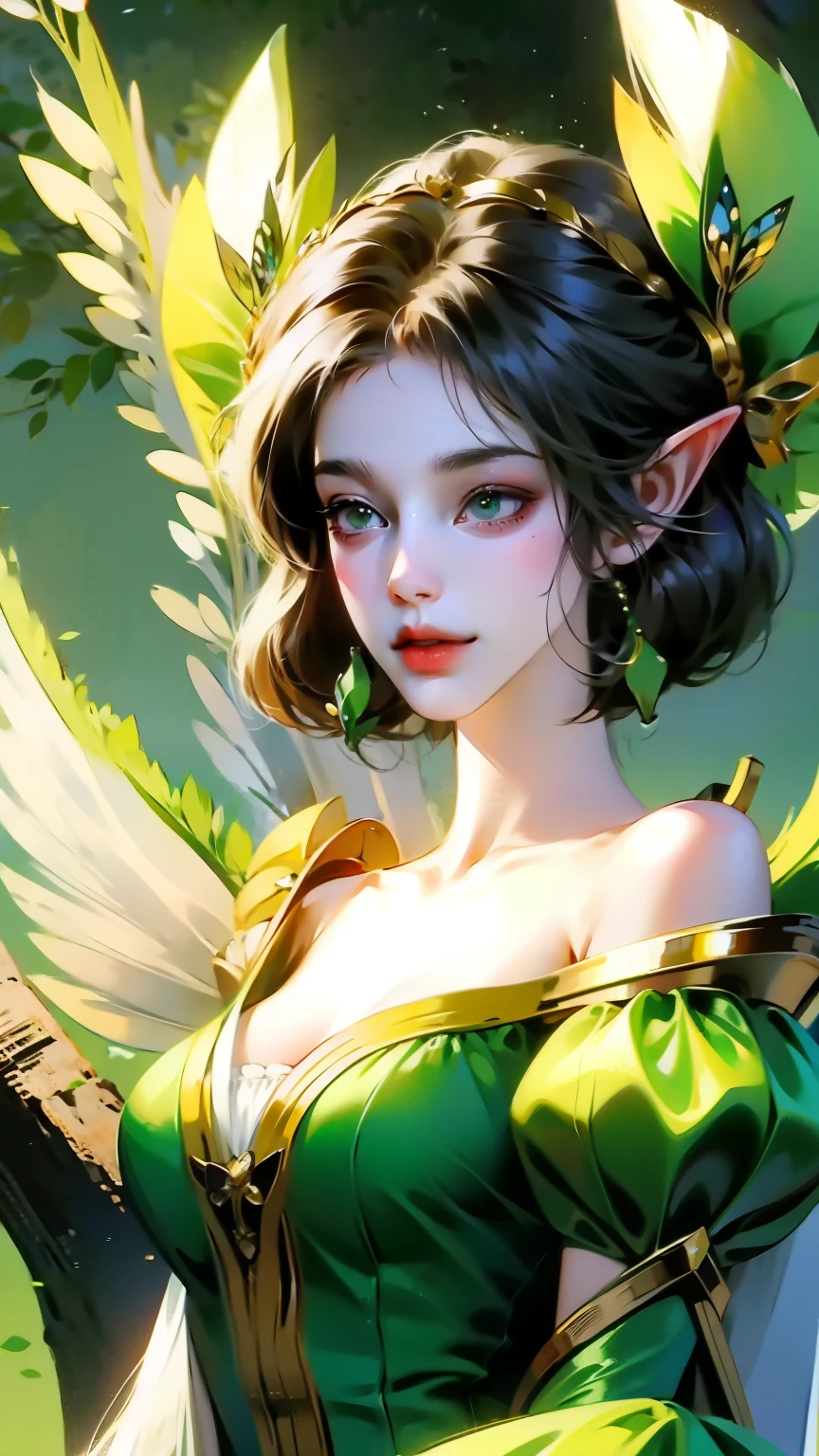 Wearing green and black clothing、Anime girl with wings and green background, Elf character, Fairy, forest Fairy, Insect trainer girl, brunette elf with Fairy wings, Elf, Cute 3D anime girl rendering, April rendering, Fairy dance, Dynamic sense
