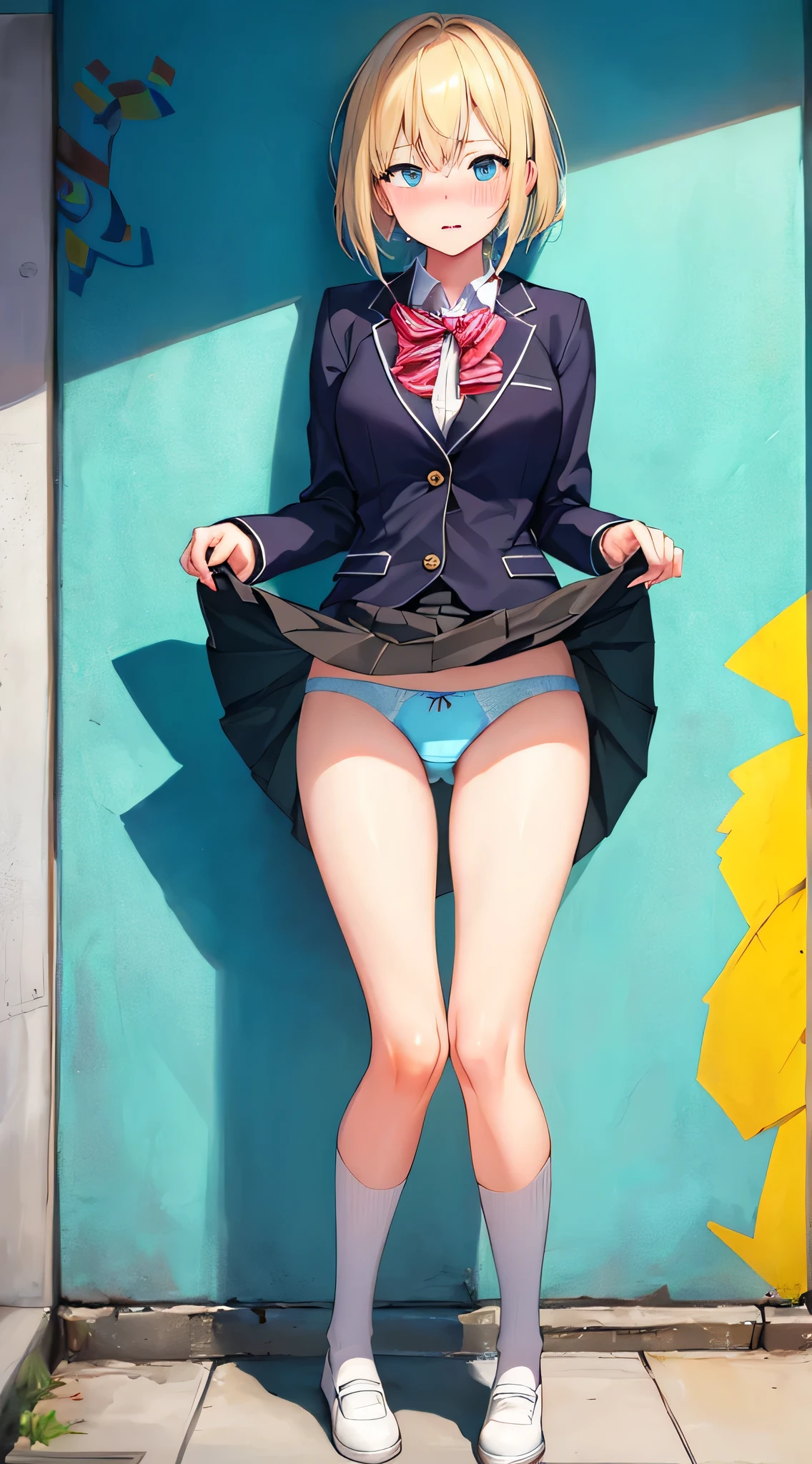 Solo, (1girl), single, single, ((light blue panties))), (((skirt lift))), ((hold the skirt)), school uniform, Exposed thighs, (cowboy shot) , girl with：With a girl standing in class_room、hair is black ,Tied with a ribbon。The face is round and cute。 ((Her hands are holding onto the skirt)) Overreaction：The girl's surprised expression was、Impossibly overreacting,(bashful, embarrassed), (graffiti murals wall background:1.15), brilliant colorful paintings, against wall, 