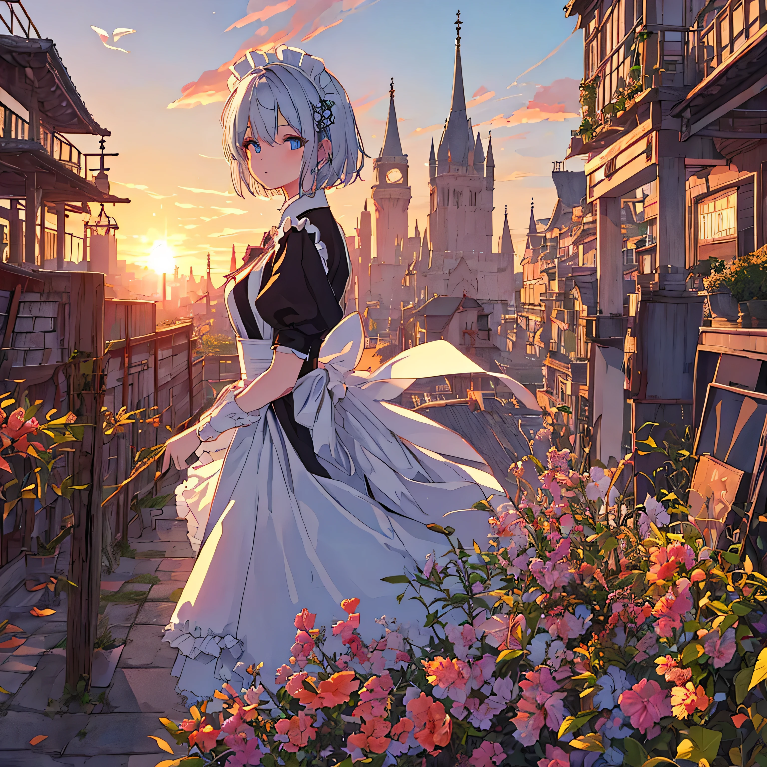 {{{{{A maid looking at the night view from the top of a high tower}}}}}, high quality background, High-definition game background CG, 2D, god{{{{{anime style face}}}}}, One maid, Long contour, masterpiece, highest quality, 32K, hyper detail, exquisite blue eyes, Expressionless and condescending, upper grade, Maid clothes, White short hair details, {{{blue archive}}}, Medium chest, cityscape, ultra high resolution,most detailed,Complex,8k,HDR, sunset sky and contrails,