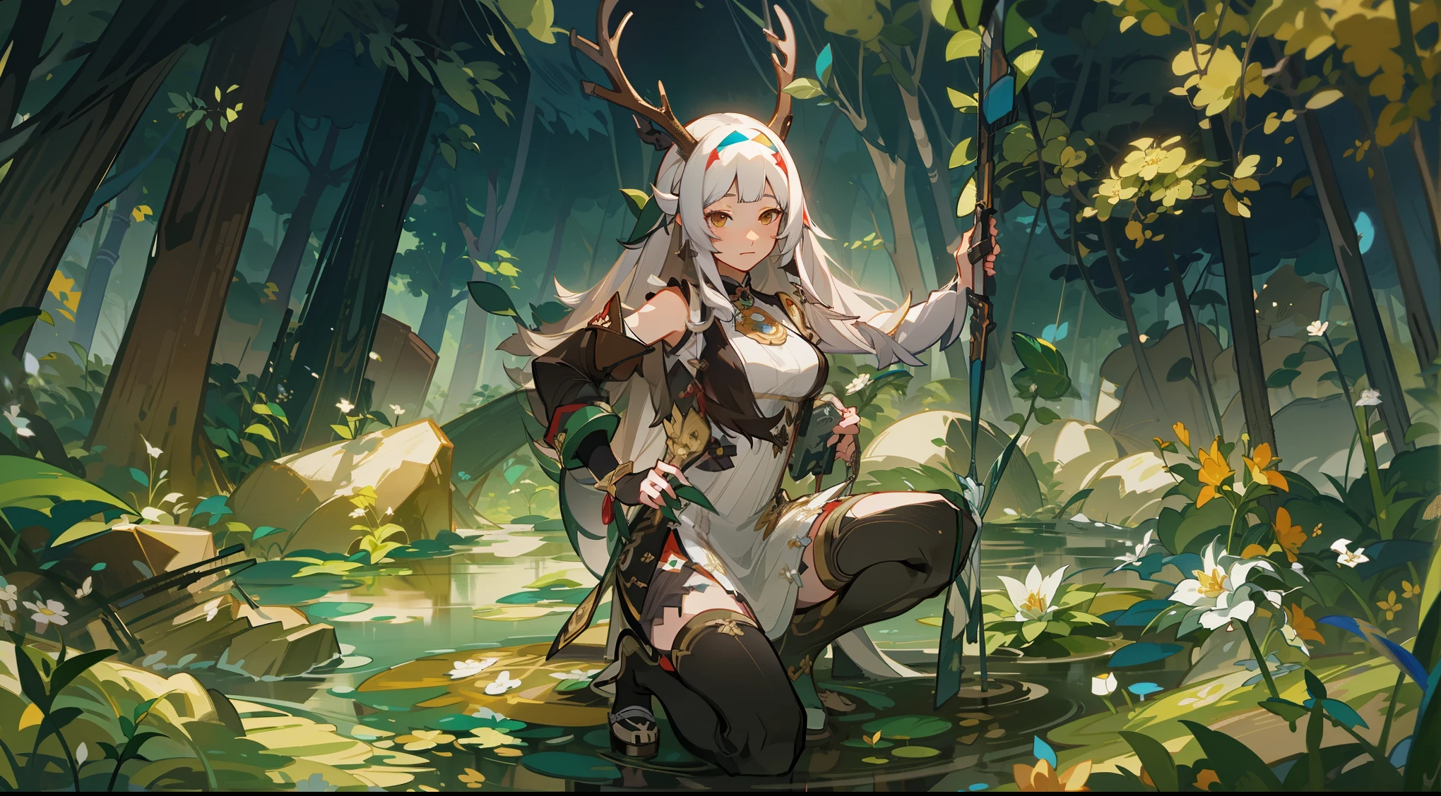 Harakami Impact Style ((very good quality)), Daughter of the Forest, white dress, octave rendering style, long white hair with antlers on her head, kneeling on one knee, holding a whisk in her left hand and a frontal shield in her right hand, facing the camera, styled by the illustrator using dark white and light gold, Earl Grey Nolan, dark green and light beige colors, botanical precision, curved mirrors and transparent layers. Masterpiece, Super Detail, (Best Quality, High Resolution), Ultra High Resolution
