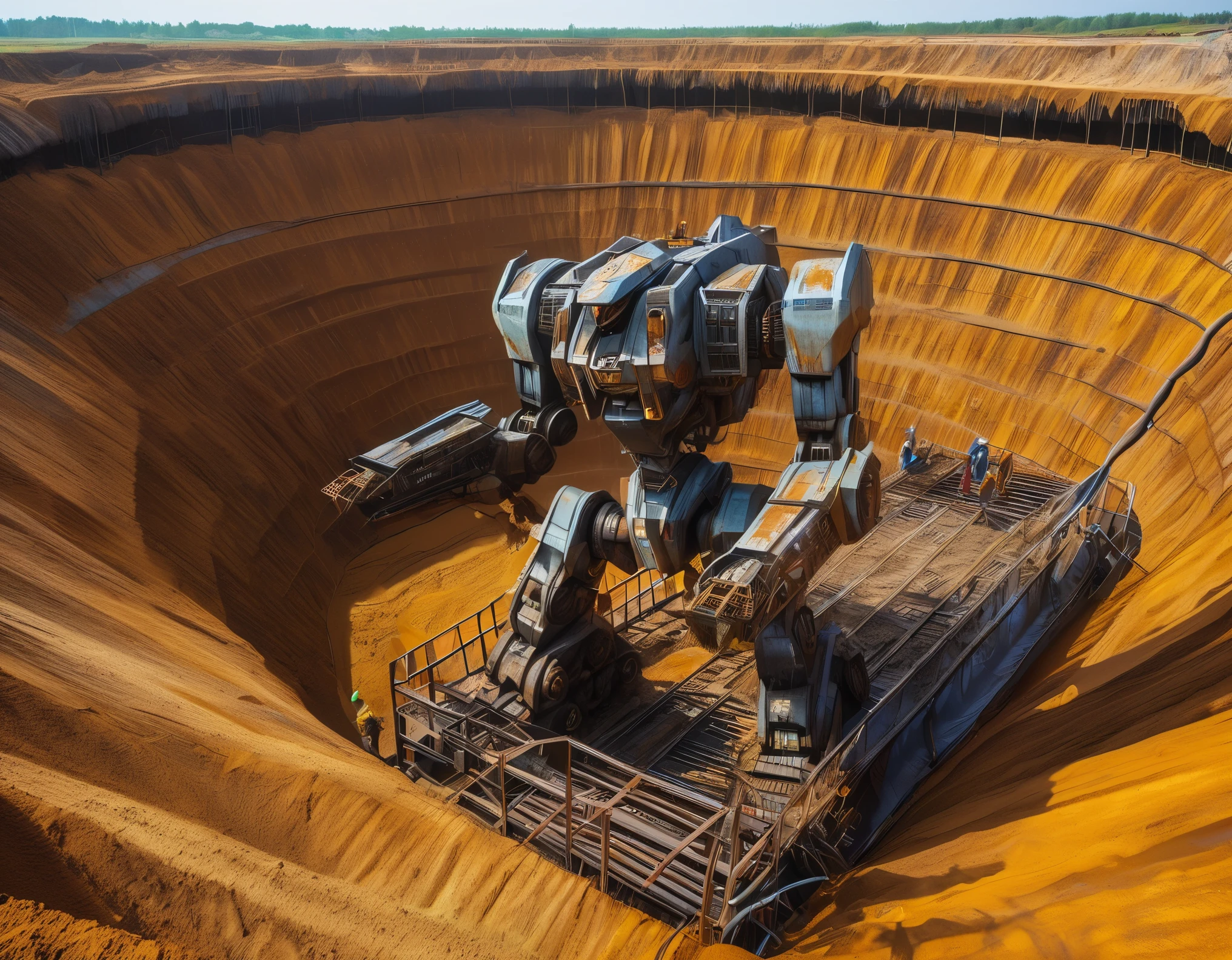 （A huge abandoned mecha is being dragged out of a huge, super deep pit by many wire ropes.，Drag out of the mud pit，Covered in rust and mud，Broken body，Sand，archaeological pit，on site，