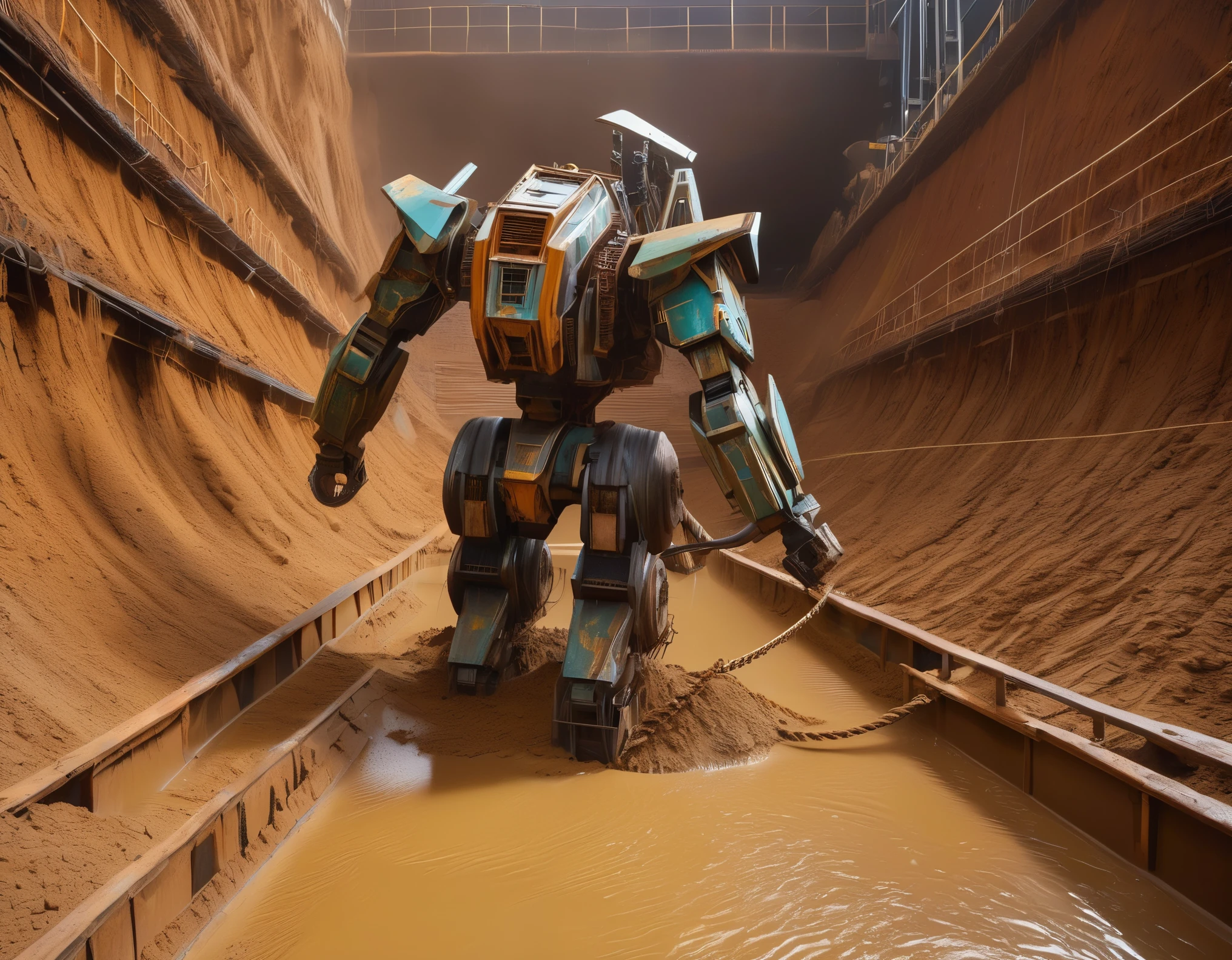 （A huge abandoned mecha is being dragged out of a huge, super deep pit by many wire ropes.，Drag out of the mud pit，Covered in rust and mud，Broken body，Sand，archaeological pit，on site，