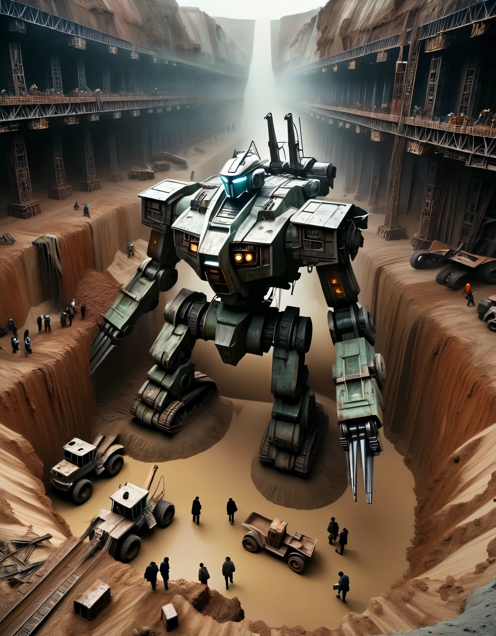 bird's eye view,(The huge scrap mecha is being pulled out of a huge pit),steel wire,The crane mech is covered in rust and running mud.,Broken body,muddy gravel,many people digging,Horrified spectators look into the pit,archaeological pit,on site,3D rendering of A huge old mecha is being dragged out of a huge super-deep pit by many people, covered in rust and mud, broken bodies, sand and gravel, archaeological pits, the site,,Dripping Paint,Matte Painting,Science Fiction,Fever-Dream,Impossible,Postcyberpunk,Ice Age, The picture is from Peter Jackson's work, The picture is from Wong Kar-wai's work, The picture is from Emmanuel Lubezki's work,by Bruno Barbey,by Anne Brigman,by Edward S. Curtis,Intense Atmosphere, high detail,hyper quality,high resolution,surrealism,HD,16K,depth of field (dof),A bird's-eye view,aerial view,mood lighting,mechanical人头断肢,超级多的mechanical残缺的身体,Too many scrapped and too many damaged mechas,mechanical垃圾山,post-apocalyptic,dystopia,rusty metal,Broken parts,moss,ghostly atmosphere,destroyed city、 mechanical、inanimation、desolate、Gloomy lights、dramatic perspective、Decline、Futurism、Cyberpunk aesthetics、dark、Compared、shadow、Mystery、abandoned、、abandonedmechanical、Ghosts、silence、、desolate、