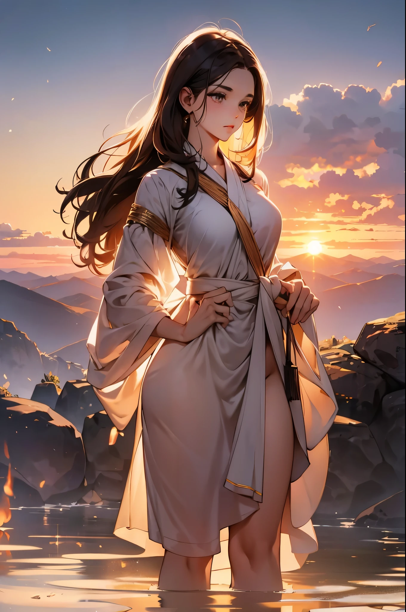 girl, white costume, Brown robes, sooty landscape, sunset, masterpiece, highest quality, Highest image quality