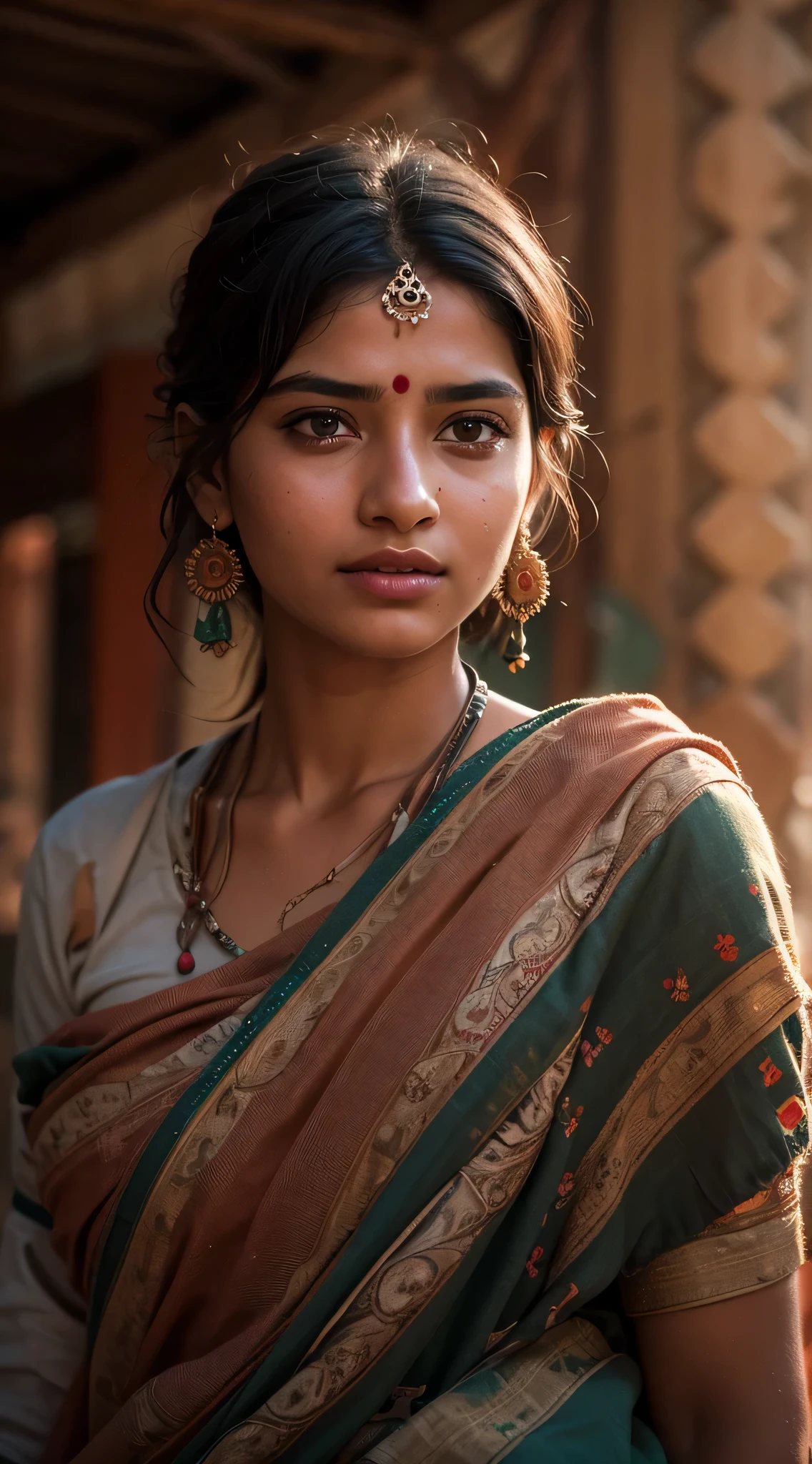 young Indian girl, 18-year-old,  gentle sun lighting on face , village mood , old cloths, silk cloth, cloth is transperent , village girl vibe, intricate facial details, full body picture, cinimatic pose flawless complexion, top-notch 3D rendering, hyper-realistic, shot on Indian road. photorealistic digital art trending on Artstation 8k HD high definition detailed realistic, detailed, skin texture, hyper detailed, realistic skin texture, armature, best quality, ultra high res, (photorealistic:1.4),, high resolution, detailed, raw photo, 400 camera f1.6 lens rich colors hyper realistic lifelike texture dramatic lighting unrealengine trending on artstation cinestill 800