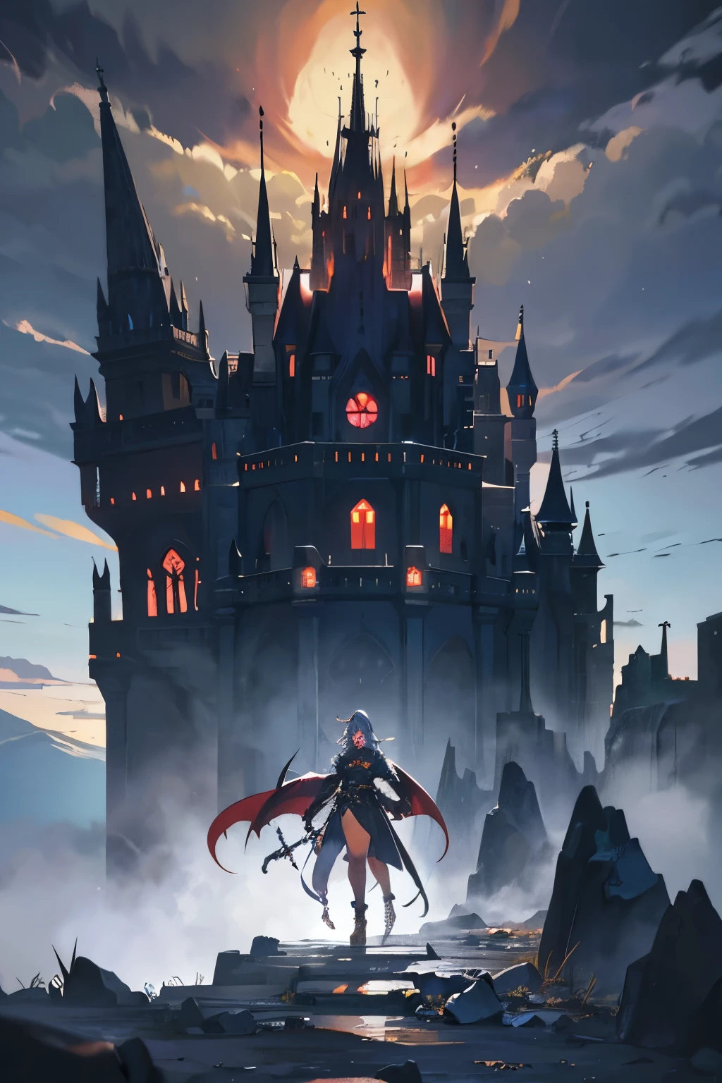 Summon forth your imagination into a realm where swords gleam with ancient power and magic crackles in the air. In the heart of the Demon King's domain, his castle looms, a foreboding citadel perched atop jagged cliffs, shrouded in swirling mists. Envision the castle's dark spires reaching toward the stormy skies, guarded by demonic sentinels and surrounded by a desolate landscape haunted by the echoes of battles long past. Your task is to craft a vivid and captivating background image that captures the essence of this swords-and-magic world, portraying the sinister grandeur of the Demon King's kingdom and the ominous aura of his castle