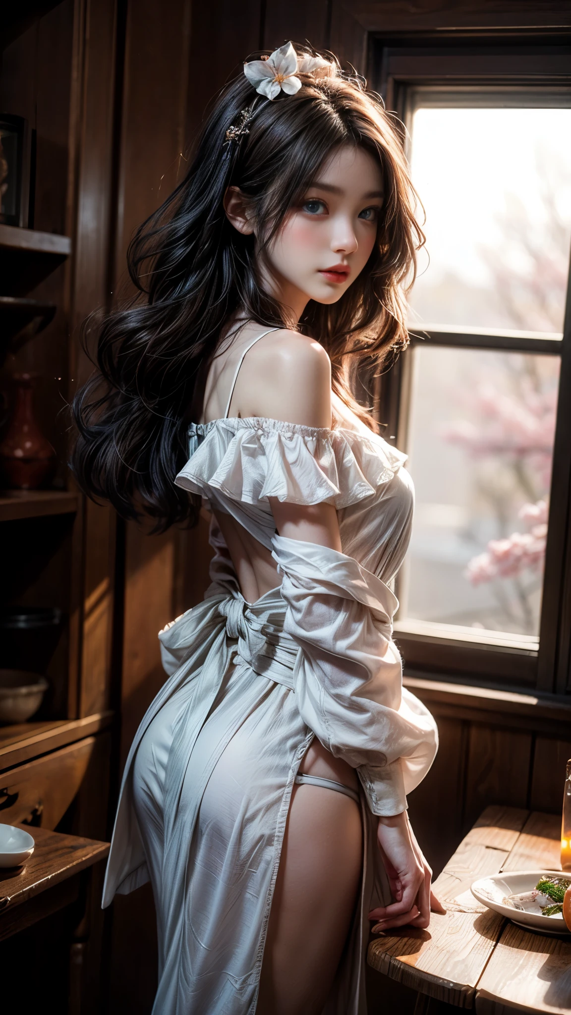 ((best quality)), ((master piece)), (detailed:1.4), Beautiful cyberpunk woman image,HDR(high dynamic range),ray tracing,NVIDIA RTX,super resolution,fantasy 5,Scattered beneath the surface,PBR texture,Post-processing,anisotropic filtering,Maximum depth of field resolution and crisp layered textures,Albedo and specular maps,surface coloring,Accurate simulation of material interactions,perfect balance,Rendering with Octane,two color light,Large Diameter,Low ISO,White balance,3 points of rules、8K raw data、beautiful bright blue eyes,off shoulder clothes,splendid pupils,delicate face and eyes,long eyelashes,blush,delicate and fluffy hair,pink lip,Pure,cute face,sweet girl,artistic sense,casual wear,advanced sense,butterfly,cherry blossom petals,beautiful hair accessories,long hair and waist,hair blowing in the wind,pure white fox ears,curly,pure white fluffy tail,positive light,The light from the back window is backlit., pastel colour