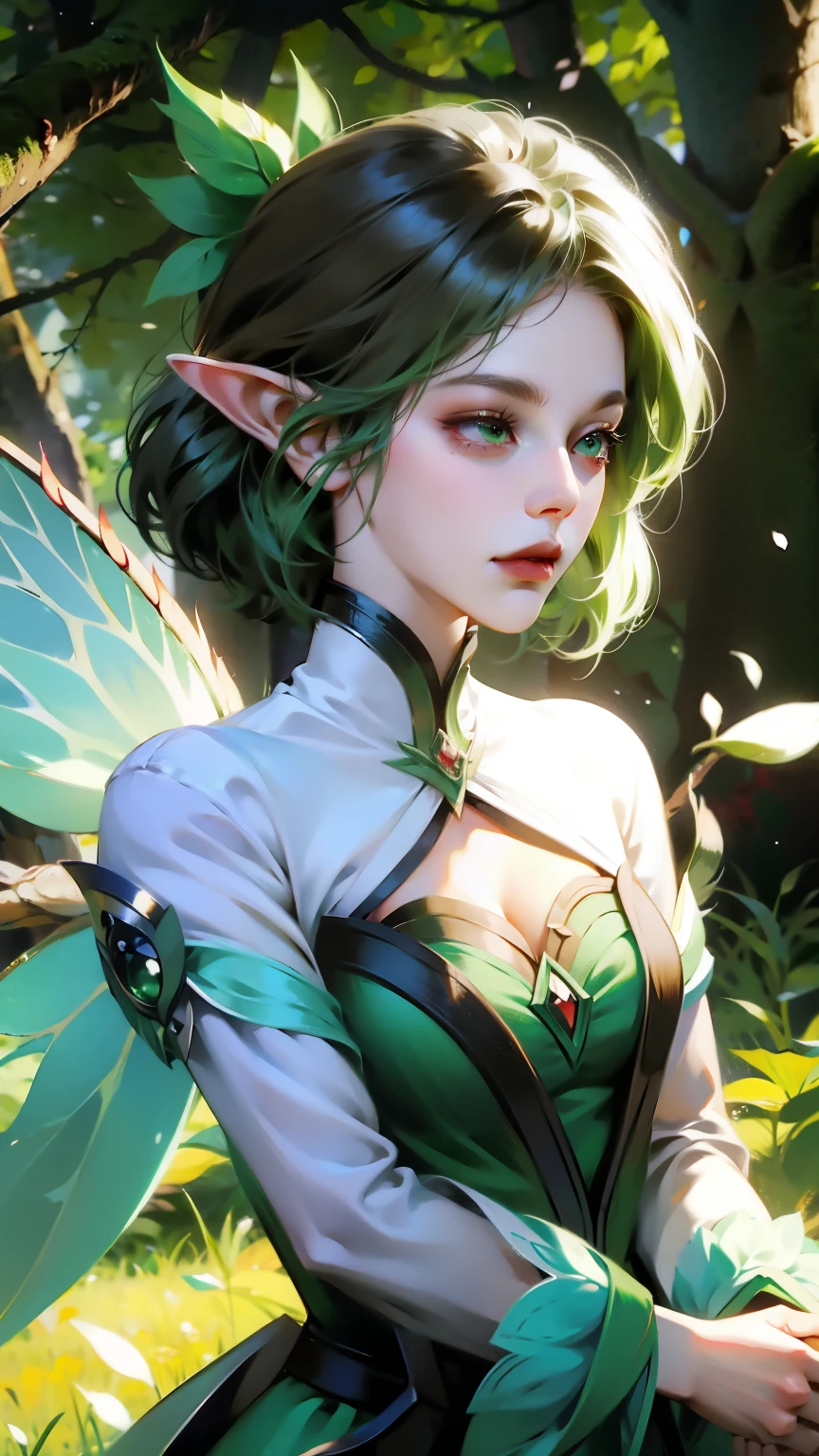 Wearing green and black clothing、Anime girl with wings and green background, Elf character, Fairy, forest Fairy, Insect trainer girl, brunette elf with Fairy wings, Elf, Cute 3D anime girl rendering, April rendering, Fairy dance, Dynamic sense
