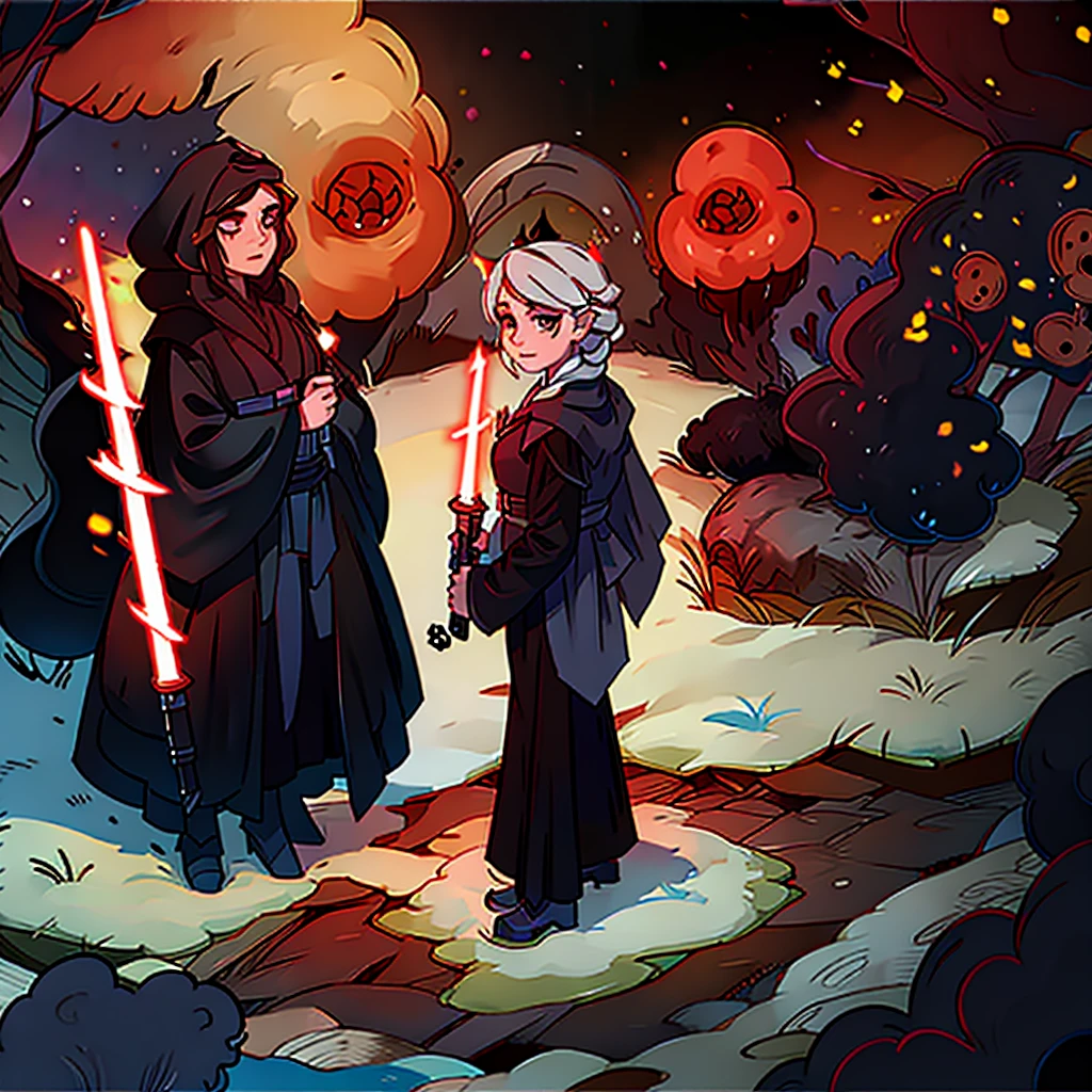 Elsa princess from Frozen dressed in a black Sith robe and holding a red Star Wars-style lightsaber in her hands, with the clone army in the background