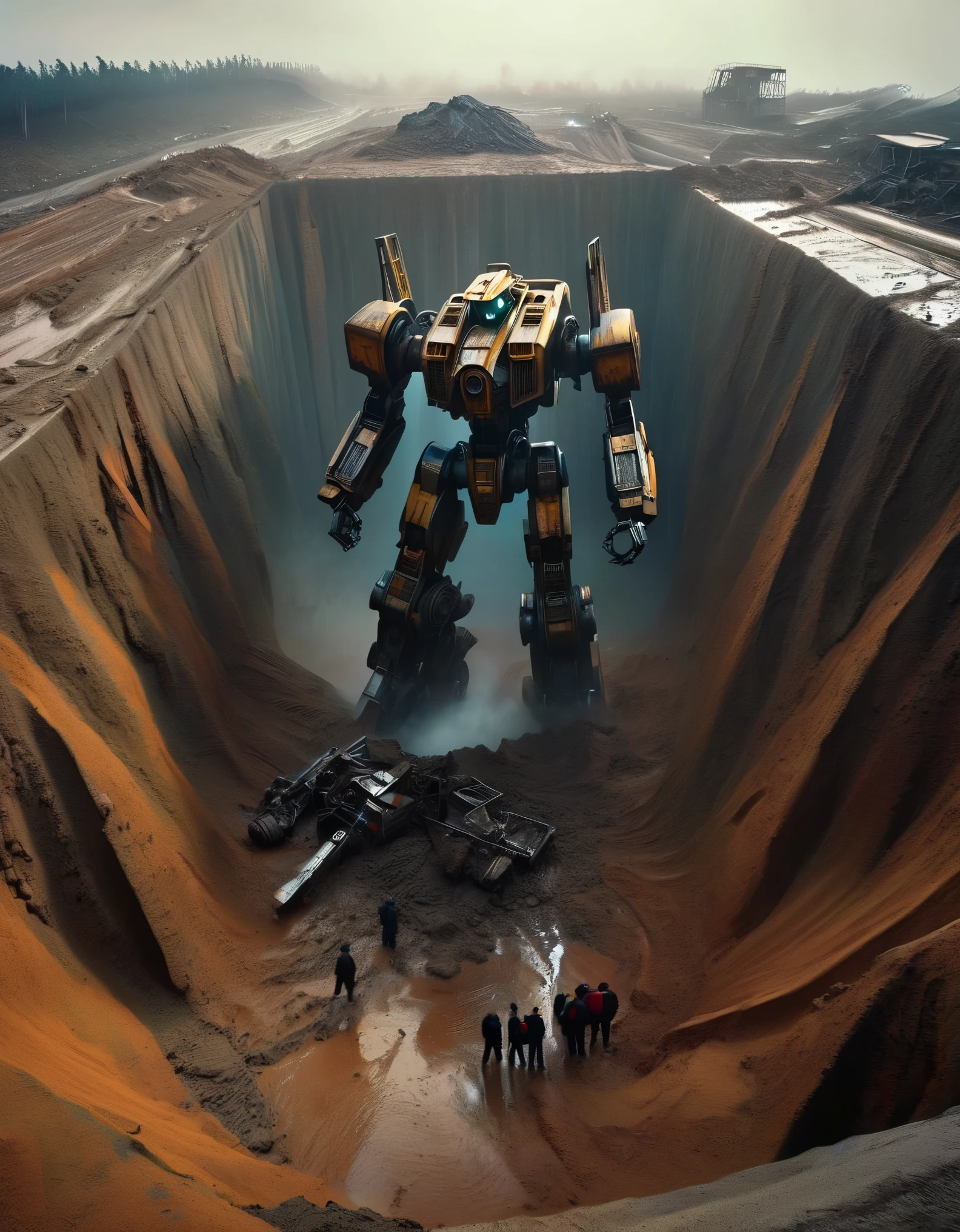 bird&#39;s eye view，A huge scrapped mecha was buried in a mudslide and was being pulled out of a huge pit.，The mecha is covered in rust and running mud.，Broken body，muddy gravel，many people digging，Horrified spectators look into the pit，archaeological pit，on site，3D rendering of A huge old mecha is being dragged out of a huge super-deep pit by many people, covered in rust and mud, broken bodies, sand and gravel, archaeological pits, the site,,Dripping Paint,Matte Painting,Science Fiction,Fever-Dream,Impossible,Postcyberpunk,Ice Age, The picture is from Peter Jackson's work, The picture is from Wong Kar-wai's work, The picture is from Emmanuel Lubezki's work,by Bruno Barbey,by Anne Brigman,by Edward S. Curtis,Intense Atmosphere, high detail,hyper quality,high resolution,surrealism,HD,16K,depth of field (dof),A bird's-eye view,aerial view,mood lighting,mechanical人头断肢，超级多的mechanical残缺的身体，Too many scrapped and too many damaged mechas，mechanical垃圾山，post-apocalyptic，dystopia，rusty metal，Broken parts，moss，ghostly atmosphere，destroyed city、 mechanical、inanimation、desolate、Gloomy lights、dramatic perspective、Decline、Futurism、Cyberpunk aesthetics、dark、Compared、shadow、Mystery、abandoned、、abandonedmechanical、Ghosts、silence、、desolate、