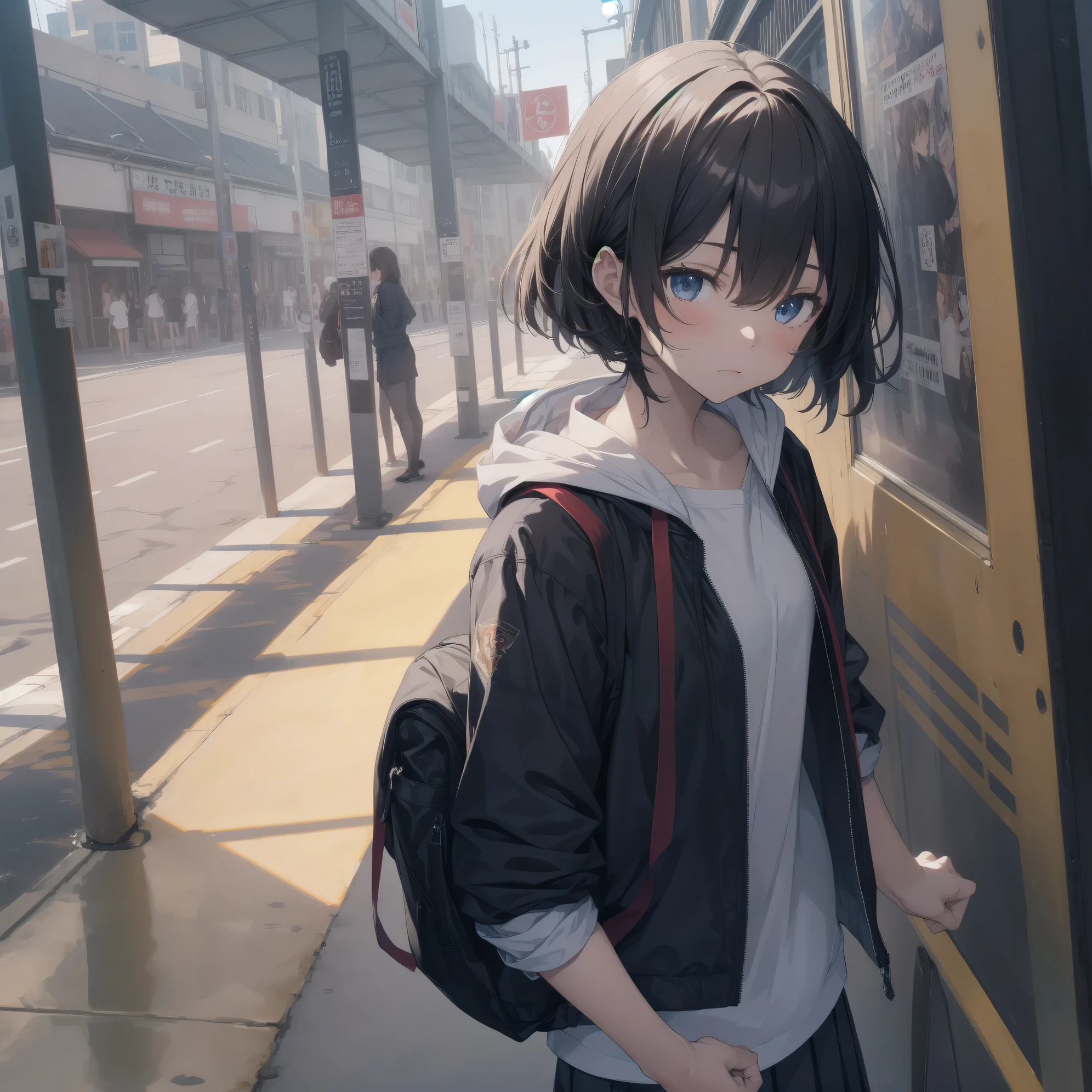 Super absurd quality by the god of art, super detailed, High resolution, artist:Fujiyama, artist:Okada_your, artist:Sekiya_Asami, anime moe art style, Best Anime 8K Kona-chan Wallpaper, pixiv contest winner, perfect anatomy, break,(眠そうにalone学校へ行く女の子を描いてください. )break,1 girl, (alone,little woman, baby face, 13 years old:1.3),All limbs, full finger,, The charm of an immature body, (very_short hair), small ass, between legs, small black eyes, detailed and beautiful eyes, Well-proportioned iris and pupils, expressive eyes, sleepy eyes, High resolutionの詳細な髪, neck ribbon, skirt, collared shirt, pleated skirt, school uniform, school bag,(detailed lighting), (detailed background), On the way to school. break,super dense skin, Best cinematic lighting powered by famous artist, 8k,figure,photoshop_(Moderate),Absurd Hi-Res,Hmm,rough skin