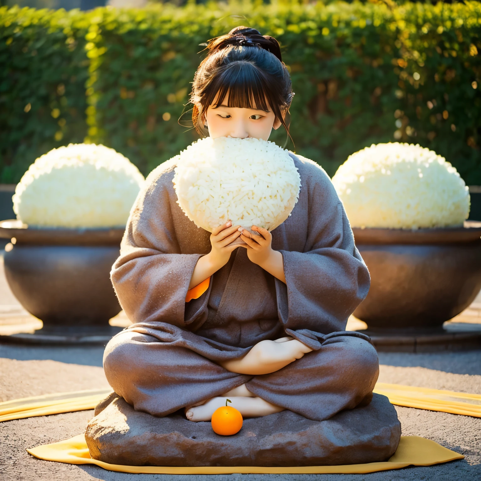 photograph、camera、Four mountain-like rice balls、A huge Kannon statue is sitting、A fluffy orange halo shines through