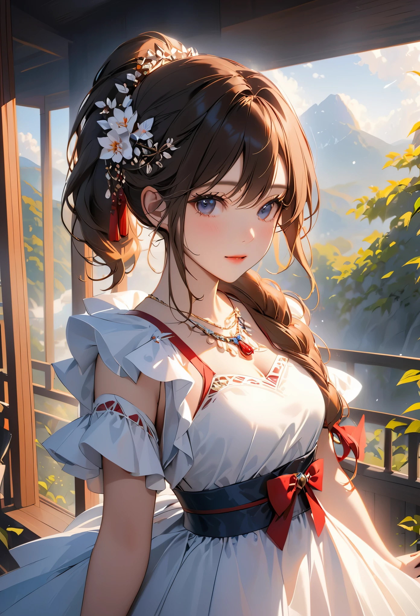 best quality, masterpiece, high resolution, 1 girl, porcelain dress, hair accessories, necklace, jewelry, pretty face, physically, Tyndall effect, actual, dark studio, edge lighting, two-tone lighting, (High detail skin: 1.2), 8K Ultra HD, SLR camera, soft light, high quality, Volumetric light, confess, photo, high resolution, 4k, 8k, Blurred background,