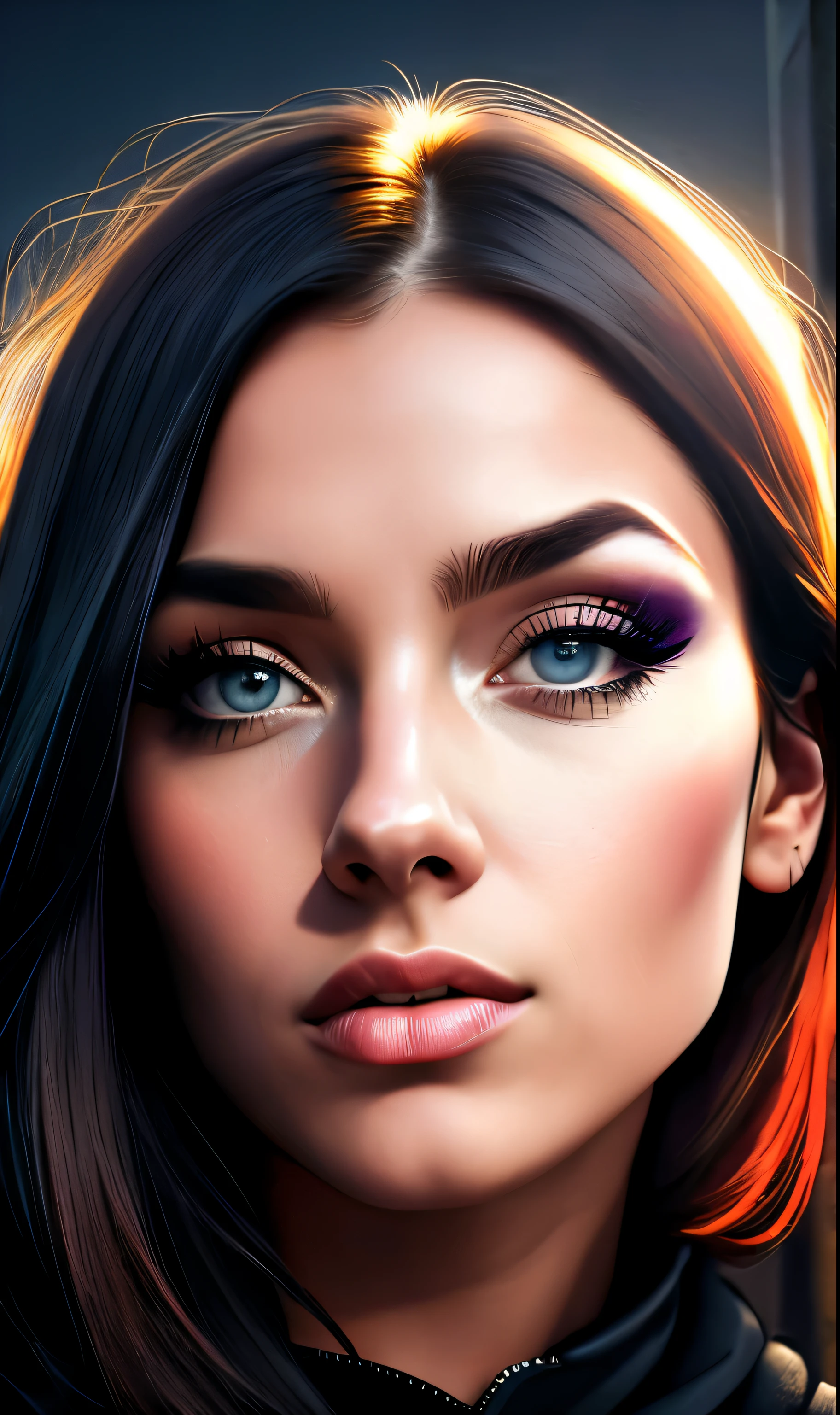 lindos olhos detalhados, beautiful detailed lips, olhos e rosto extremamente detalhados,Long eyelashes, Realismo, high resolution, cores vibrantes, ambiente urbano, vista da rua, cena noturna, Atmospheric lighting, ambiente temperamental, sombras e destaques, pose confiante, serious expression, Dynamic Composition, cinematic style.