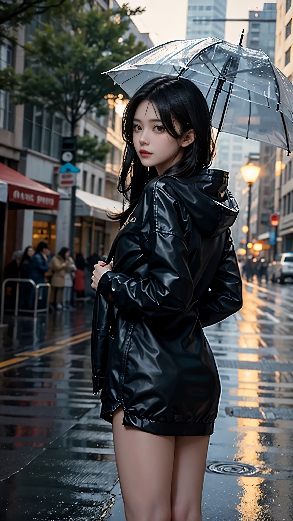 ((Best Quality, 8k, Masterpiece: 1.3)), Focus: 1.2, Perfect Body Beauty: 1.4, Buttocks: 1.2, ((Layered Haircut, Flat Chest: 1.2)), (Rain, Street:1.3), Bandeau Dress: 1.1, Highly Detailed Face and Skin Texture, Fine Eyes, Double Eyelids, Whitened Skin, Long Hair, (Shut Up: 1.3), Full Body