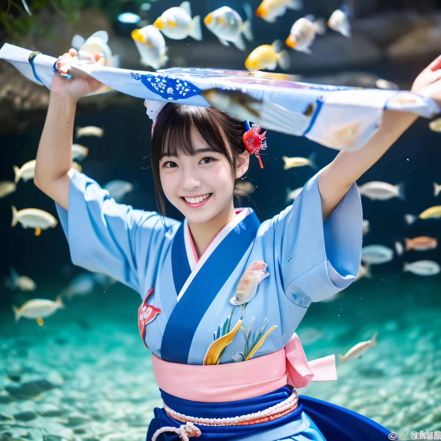 (8k、RAW photo、highest quality、masterpiece:1.2)、(realistic、Photoreal:1.35)、super detailed、超A high resolution、cinematic lighting、(((An idol who loves fish)))、(((26 year old girl in Japan)))、(((Wearing a cute blue thin kimono with a fish motif)))、(lots of fish:1.5)、cute smile、Fun and energetic atmosphere、dynamic angle、dynamic lighting、big chest、sexy、Being in the sea、wears a tiara on his head