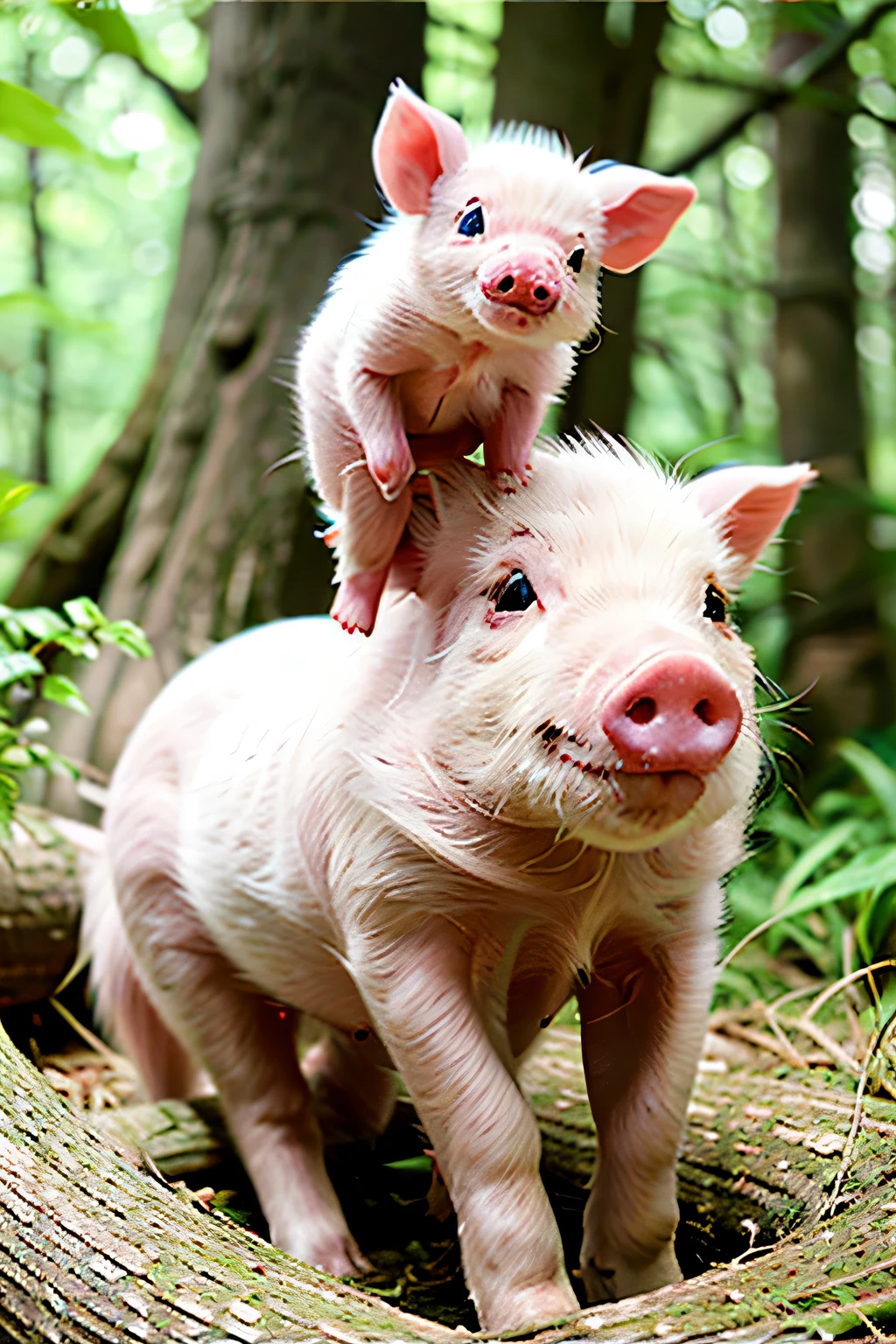 Pink parent and  pig in the forest,  Detailed pink parent and baby､masterpiece, 最high quality, high quality, High resolution,