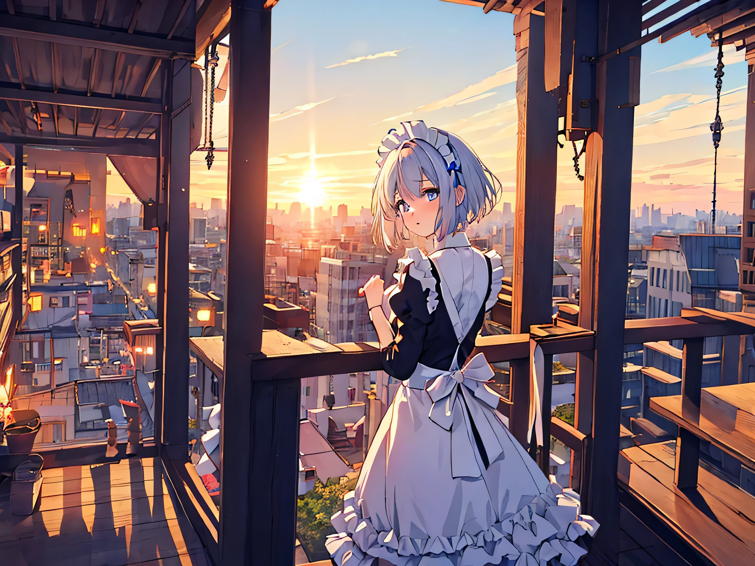 {{{{{A maid looking at the night view from the top of a high tower}}}}}, high quality background, High-definition game background CG, 2D, god{{{{{anime style face}}}}}, One maid, Long contour, masterpiece, highest quality, 32K, hyper detail, exquisite blue eyes, Expressionless and condescending, upper grade, Maid clothes, White short hair details, {{{blue archive}}}, Medium chest, cityscape, ultra high resolution,most detailed,Complex,8k,HDR, sunset sky and contrails,