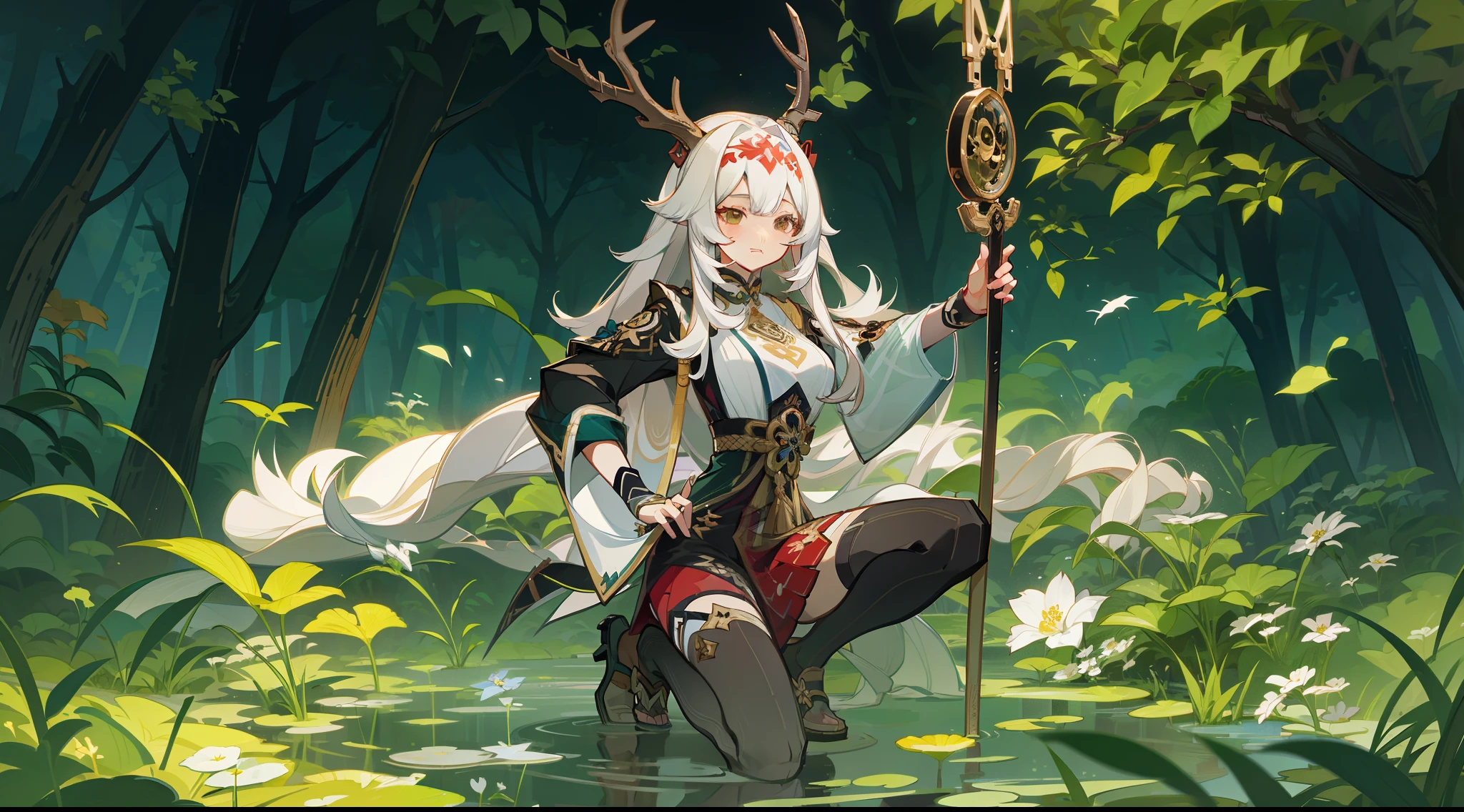 Harakami Impact Style ((very good quality)), Daughter of the Forest, white dress, octave rendering style, long white hair with antlers on her head, kneeling on one knee, holding a whisk in her left hand and a frontal shield in her right hand, facing the camera, styled by the illustrator using dark white and light gold, Earl Grey Nolan, dark green and light beige colors, botanical precision, curved mirrors and transparent layers. Masterpiece, Super Detail, (Best Quality, High Resolution), Ultra High Resolution
