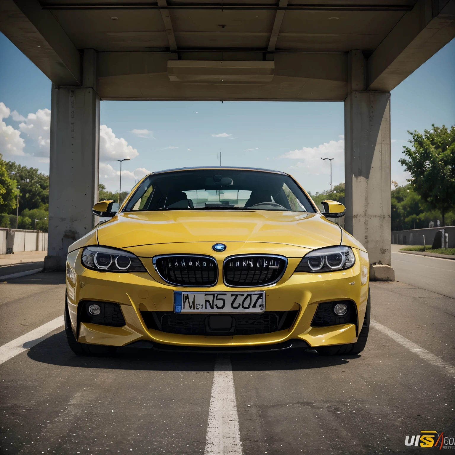 BMW e92, yellow color paint, super realistic, chrome rims, masterpiece:1.2, 4k, ultra-detailed, vivid colors, sharp focus, HDR, professional, bokeh, studio lighting, physically-based rendering, car enthusiasts, automotive photography