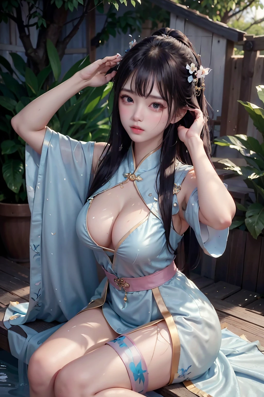 Wet-breasted v-hanfu thin silk embossed pattern , All pictures, ,she being marturbate, (huge ,cleavage),, white pink, blue ,best qualtiy,tmasterpiece,ultra high resolution,(Real-sense:1.4),RAW photogr,(True skin texture:1.3),(filmgrain:1.3),(Selfie angle),1个Giant Breast Girl,Beautiful eye and face details,tmasterpiece,Best quality at best,exposing thighigchest and big ,The chest more exposed,detailed hair,above looking down,Master quality, highest quality, best picture quality, exaggerated details, a cute 8 asian with a shy expression, slightly squinted eyes, adjusting her hair, long eyelashes (long hair / very, very exaggerated big breasts _ tits / in hanfu chinese very wet body, thin cloth silk embossed pattern, short skirt silk), posing sit in front of the camera, wet throught rain, very wet body, thin cloth embossed pattern