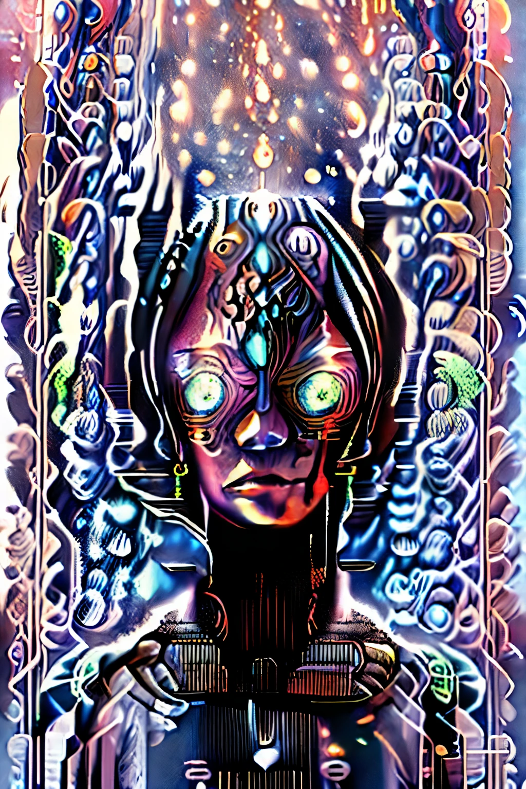 (High resolution, incredibly detailed, masterpiece), intricate close up portrait of a beutifull dragon with inside his eye the universe and stars ,beautifull face,in space , featuring fractal geometry in (vibrant colors:0.6), set against a (galactic background:1.8), bringing together complex, mesmerizing shapes and patterns,dmt ,fractal art,stars and galaxies