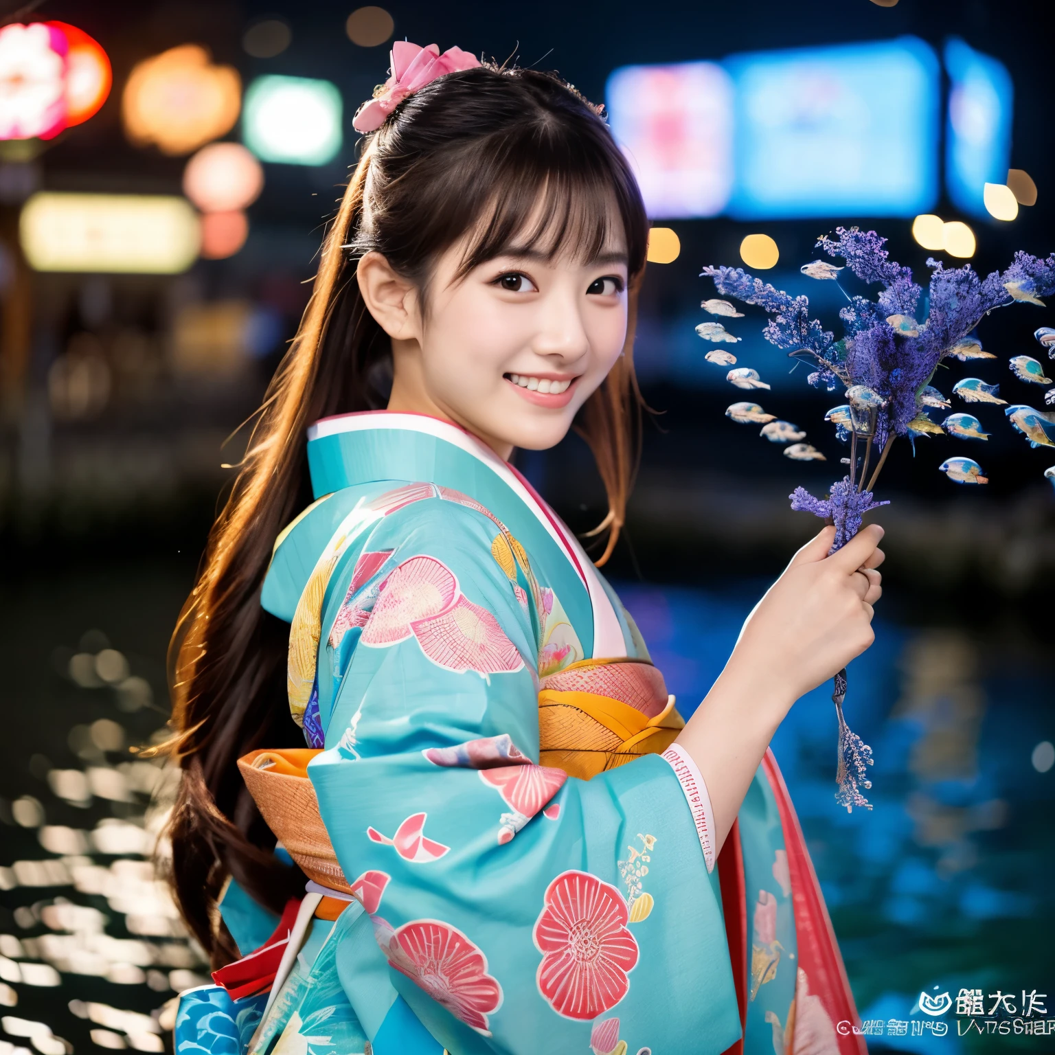 (8k、RAW photo、highest quality、masterpiece:1.2)、(realistic、Photoreal:1.35)、super detailed、超A high resolution、cinematic lighting、(((An idol who loves fish)))、(((26 year old girl in Japan)))、(((Wearing a cute kimono with a fish motif)))、(lots of fish:1.5)、cute smile、Fun and energetic atmosphere、dynamic angle、dynamic lighting、big chest、sexy、Being in the sea、