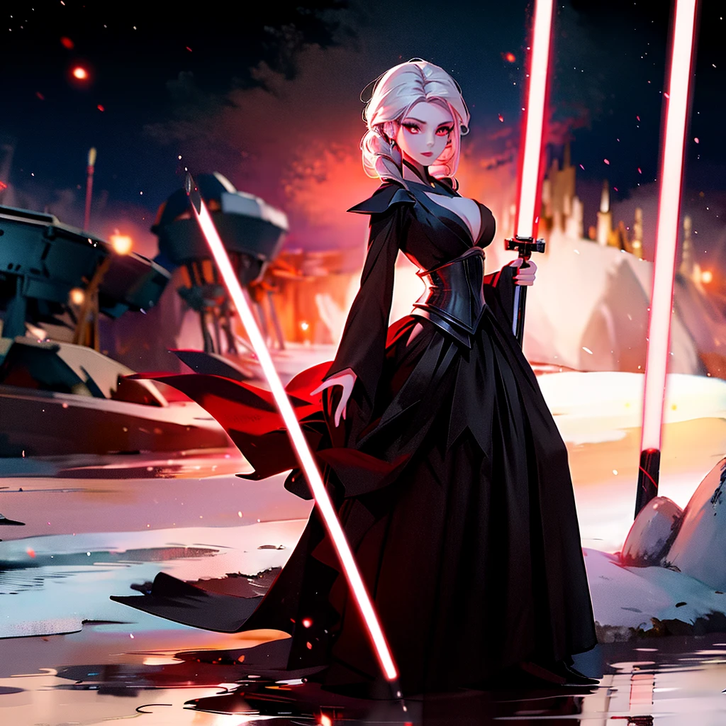 Elsa princess from Frozen dressed in a black Sith robe and holding a red Star Wars-style lightsaber in her hands, with the clone army in the background