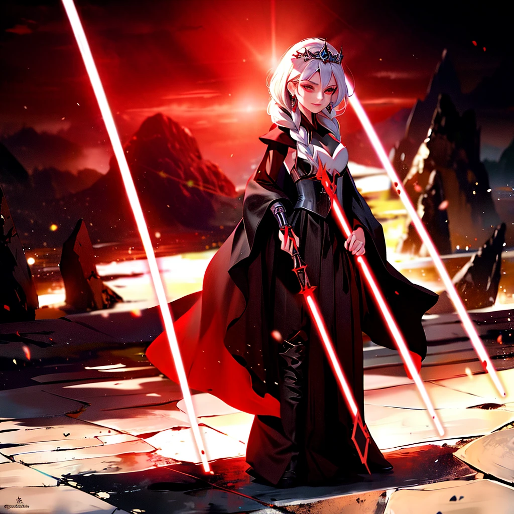 Elsa princess from Frozen dressed in a black Sith robe and holding a red Star Wars-style lightsaber in her hands, with the clone army in the background