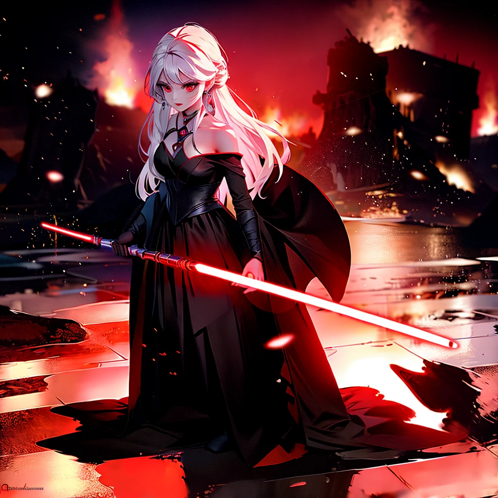 Elsa princess from Frozen dressed in a black Sith robe and holding a red Star Wars-style lightsaber in her hands, with the clone army in the background