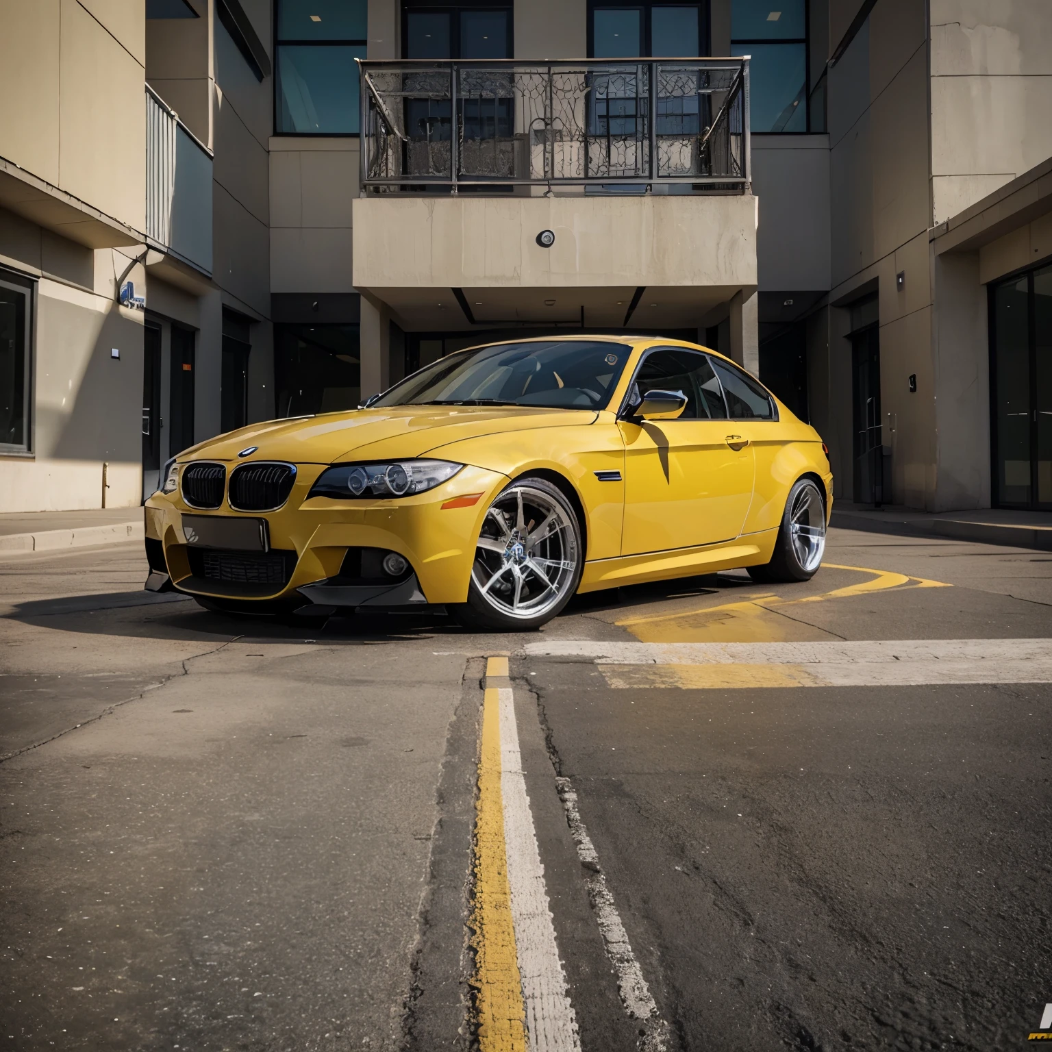 BMW e92,yellow color paint,super realistic,chrome rims,masterpiece:1.2,4k,,