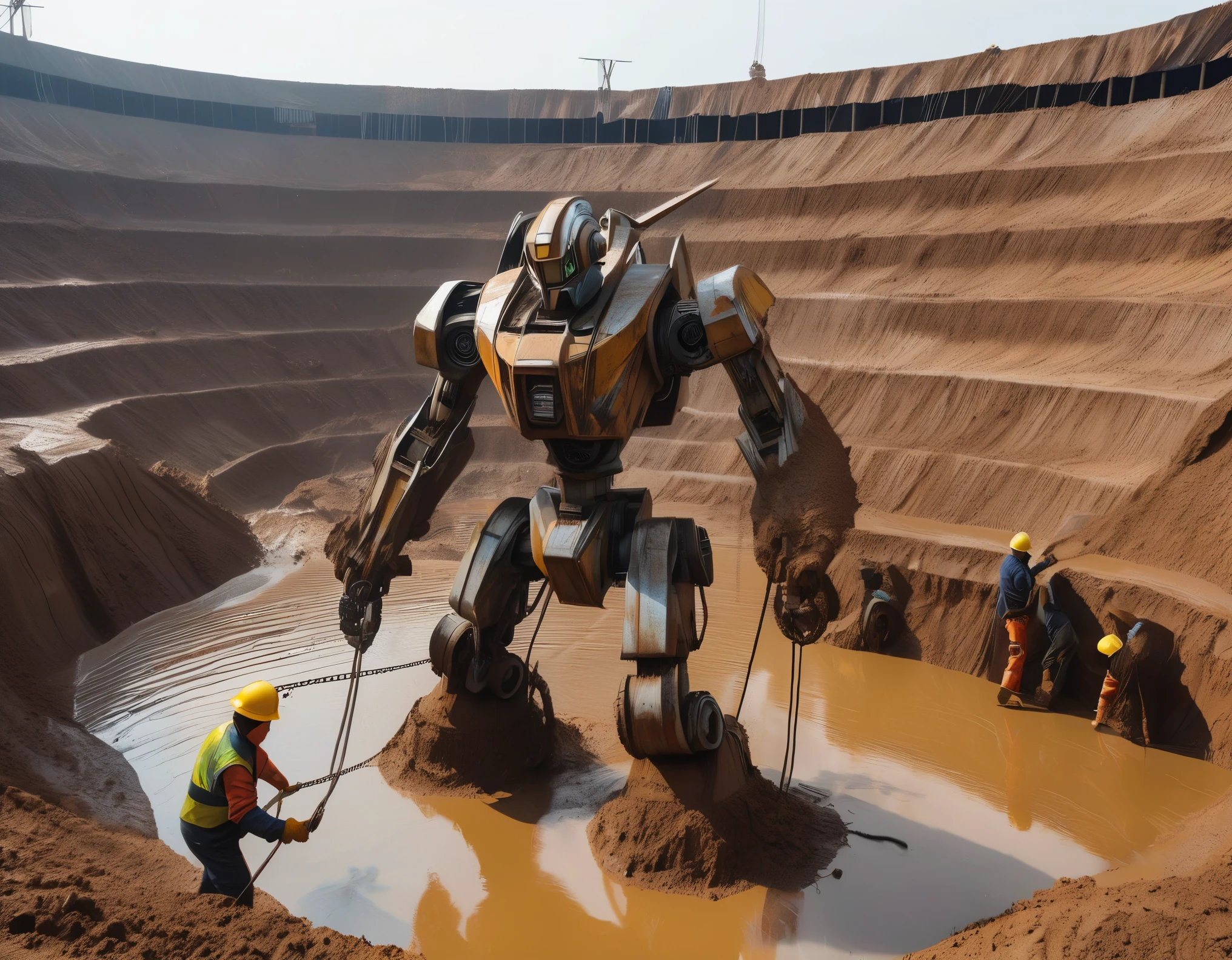 3D rendering of A huge waste mecha is being dragged out by many people from a huge super deep pit, covered with rust and mud, broken body, super many viewers, shocked expression, mud, debris flow, broken, abandoned, background: archaeological deep mud pit,,Dripping Paint,Matte Painting,Science Fiction,Fever-Dream,Impossible,Postcyberpunk,Ice Age, The picture is from Peter Jackson's work, The picture is from Wong Kar-wai's work, The picture is from Emmanuel Lubezki's work,by Bruno Barbey,by Anne Brigman,by Edward S. Curtis,Intense Atmosphere, high detail,hyper quality,high resolution,surrealism,HD,16K,depth of field (dof),A bird's-eye view,aerial view,mood lighting,