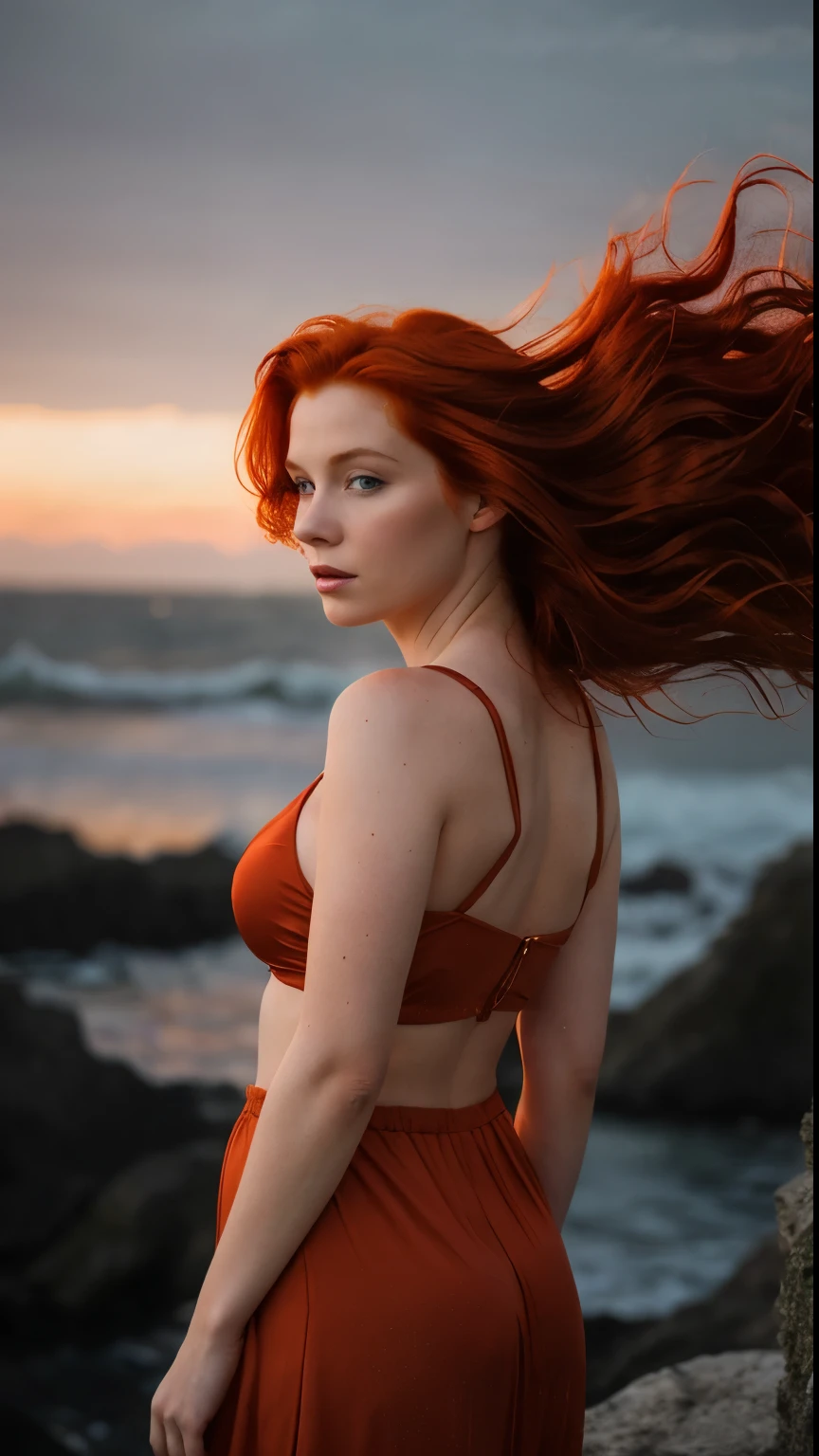 a photograph of a redhead woman with windswept tresses, her hair entangled like flames against a twilight sky, emanating untamed beauty