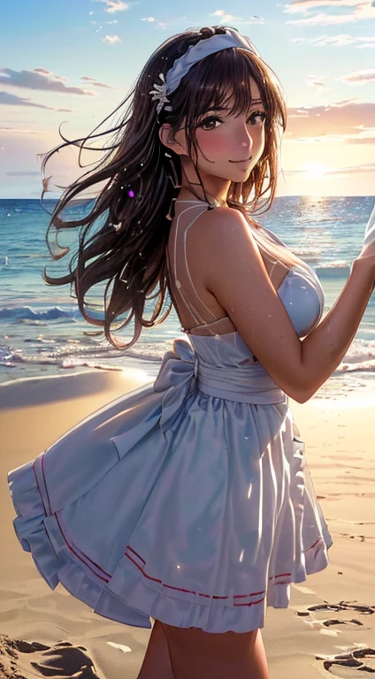 (chef-d'artwork, high resolution, photo-realistic:1.4), (Capturer une femme brune étonnante et confiante avec un corps impeccable et parfaitement sculpté:1.3), (émergeant gracieusement de la mer scintillante et s’approchant de la plage de sable:1.2), (her hair falls in a cascade with water droplets, ajoutant à l'attrait:1.2), (Appareil photo Sony Alpha a7R IV utilisé de main de maître pour capturer ce moment captivant:1.2), (associated with a versatile Sony FE 24-70mm f/2.Objectif 8 GM, S’assurer que chaque détail est magnifiquement capturé:1.2), (her tanned skin shines in the warm sunlight:1.2), (La plage pittoresque en toile de fond, avec des vagues douces et l’horizon qui s’étend à l’infini:1.2), (the bright sun enhancing the beauty of the scene:1.2), (A breathtaking photo of a captivating woman, Embrace the embrace of the sea and showcase its breathtaking beauty:1.2).