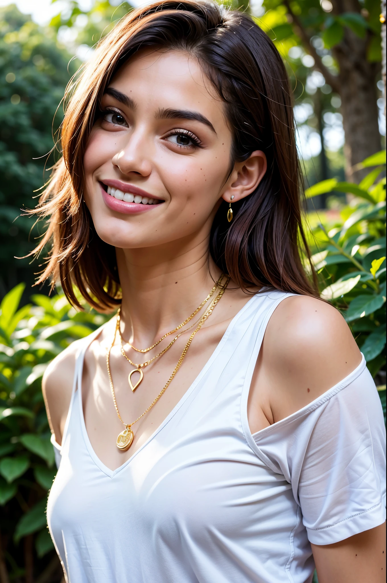 ((ultra realista)), (fotografia realista)), ((Super resolution)), ((imagem em 4K)), ((detalhes intrincados)), retrato de uma pessoa, foco no rosto, rosto detalhado, mulher muito bonita, brasileira, jovem de 25 anos, natural lighting, olhos hidratados, roupa casual, gold chain around the neck, posando para uma foto, uma fotografia profissional, soft jaw, maquiagem leve e suave, rosto bonito, cabelo sedoso, ((cabelo comprido e castanho)), olhos cor de mel com um lindo brilho, olhas penetrante, leve sorriso, expressando tranquilidade e paz
