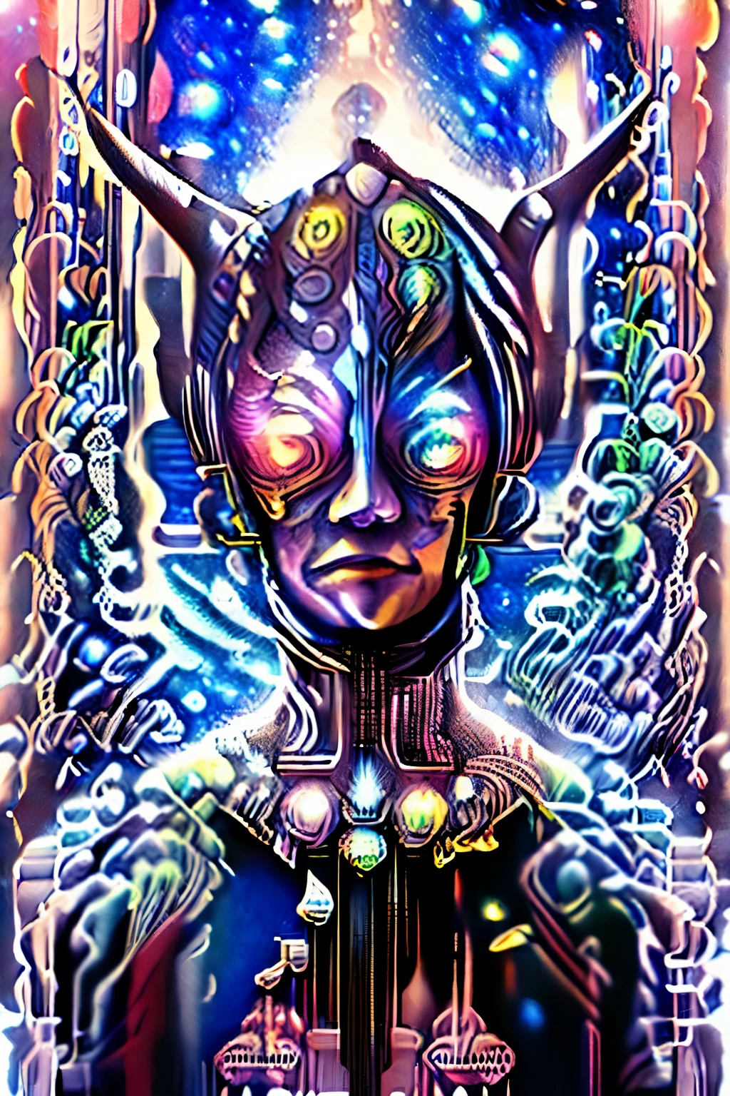(High resolution, incredibly detailed, masterpiece), intricate close up portrait of a beutifull dragon with inside his eye the universe and stars ,beautifull face,in space , featuring fractal geometry in (vibrant colors:0.6), set against a (galactic background:1.8), bringing together complex, mesmerizing shapes and patterns,dmt ,fractal art,stars and galaxies