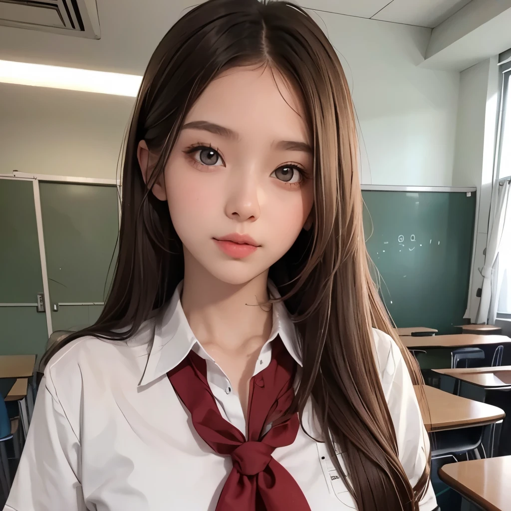 Girl, long brown hair, gray eyes, sharp features, white skin, school uniform