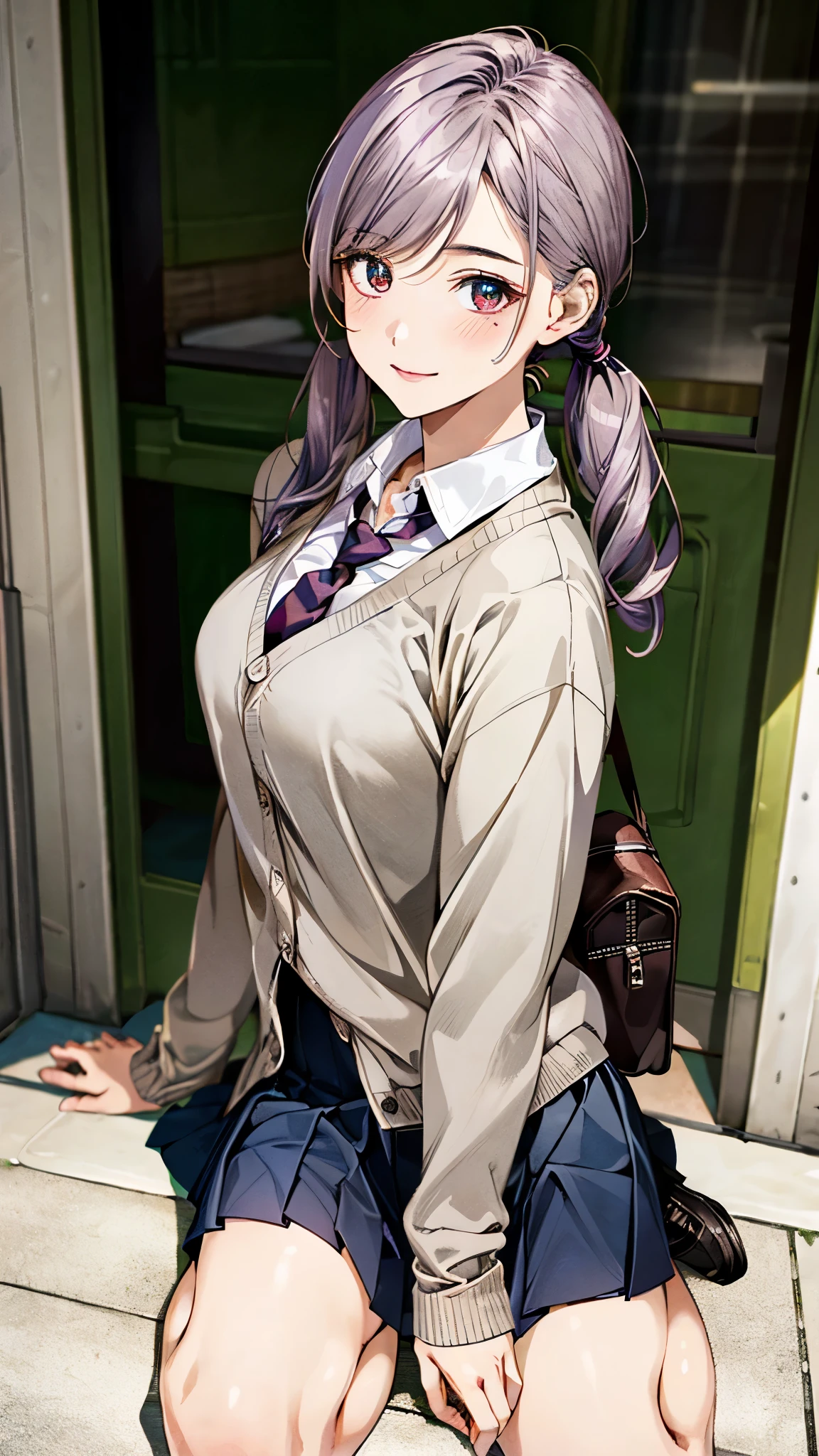 (masterpiece:1.2, top-quality, ultra high res, ultra detailed), (realistic, photorealistic:1.4), beautiful illustration, (natural side lighting, movie lighting), 
looking at viewer, full body, 1 girl, japanese, high school girl, perfect face, (perfect anatomy), cute and symmetrical face, baby face, shiny skin, slender, 
(long hair:1.5, low twintails:1.5, light purple hair), swept bangs, gold eyes, drooping eyes, big eyes, long eye lasher, (medium breasts), 
beautiful hair, beautiful face, beautiful detailed eyes, beautiful clavicle, beautiful body, beautiful chest, beautiful thigh, beautiful legs, beautiful fingers, 
((detailed cloth texture, long sleeves light brown cardigan:1.4, light grey pleated skirt, white collared shirt), dark red tie, white thigh-high), navy school bag, 
(beautiful scenery), day time, (room), wariza, (lovely smile, upper eyes), 