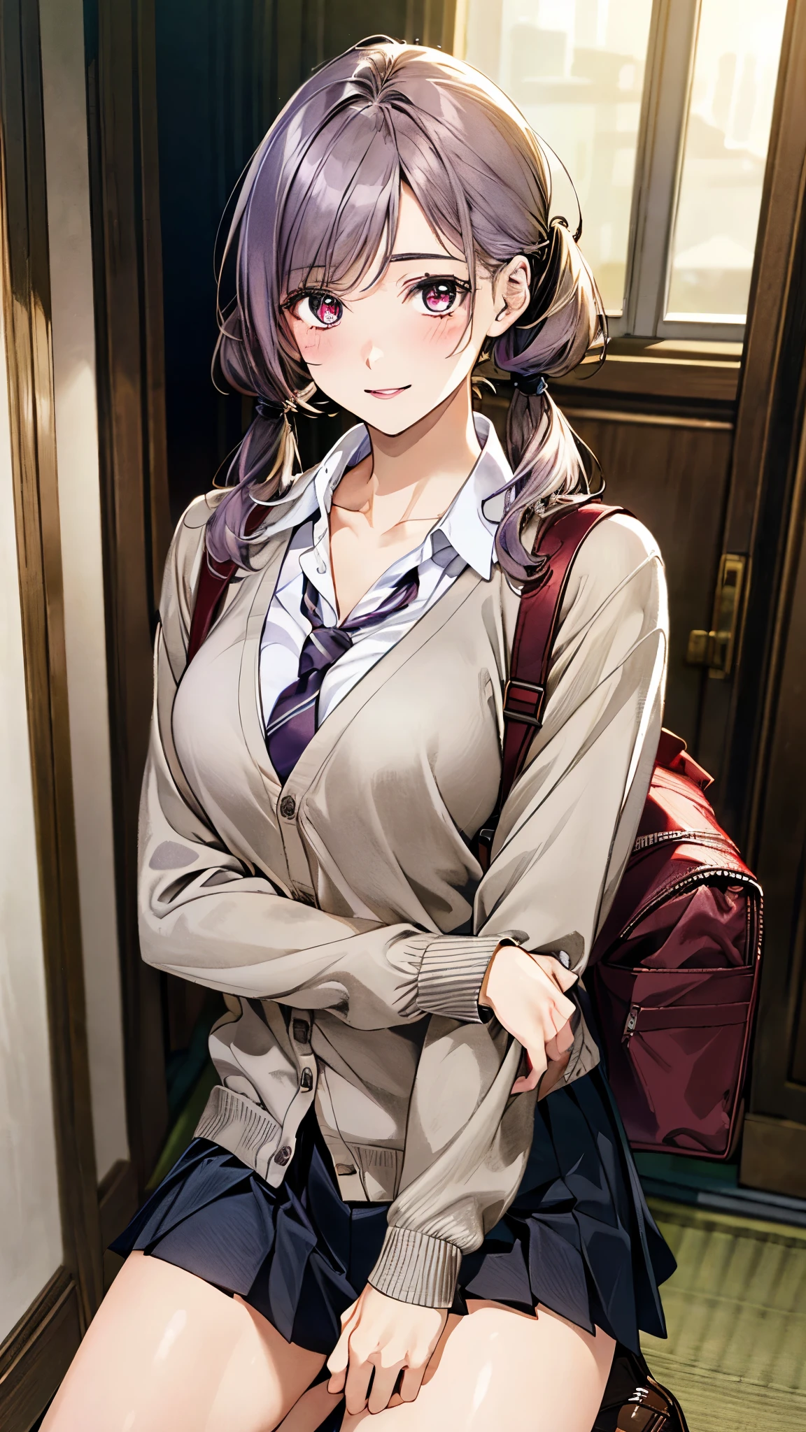(masterpiece:1.2, top-quality, ultra high res, ultra detailed), (realistic, photorealistic:1.4), beautiful illustration, (natural side lighting, movie lighting), 
looking at viewer, full body, 1 girl, japanese, high school girl, perfect face, (perfect anatomy), cute and symmetrical face, baby face, shiny skin, slender, 
(long hair:1.5, low twintails:1.5, light purple hair), swept bangs, gold eyes, drooping eyes, big eyes, long eye lasher, (medium breasts), 
beautiful hair, beautiful face, beautiful detailed eyes, beautiful clavicle, beautiful body, beautiful chest, beautiful thigh, beautiful legs, beautiful fingers, 
((detailed cloth texture, long sleeves light brown cardigan:1.4, light grey pleated skirt, white collared shirt), dark red tie, white thigh-high), navy school bag, 
(beautiful scenery), day time, (room), wariza, (lovely smile, upper eyes), 